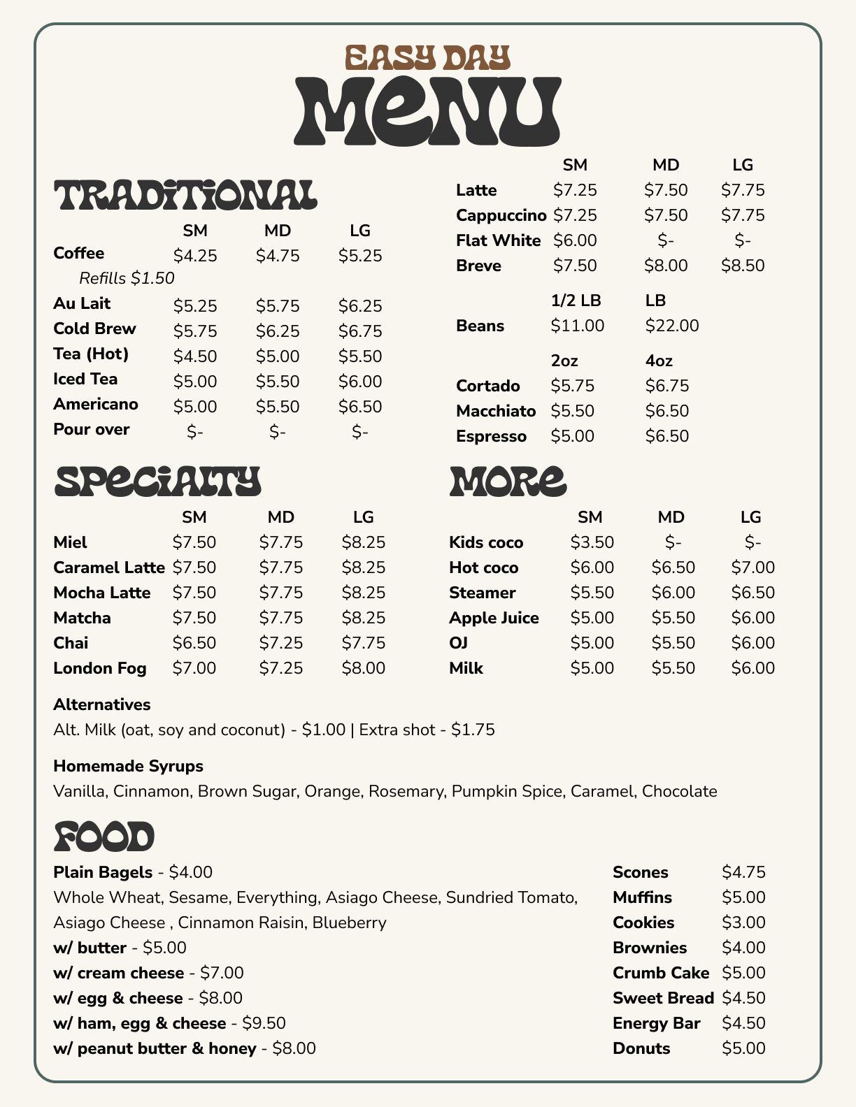 Easy Day Cafe Menu