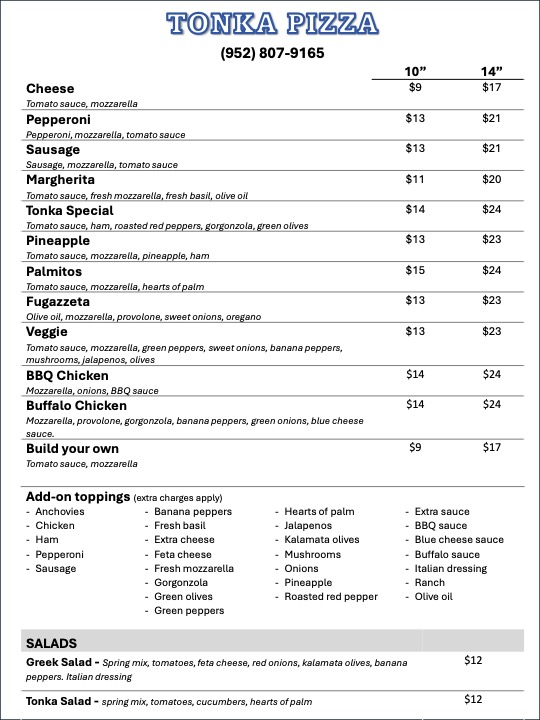 Tonka Pizza Menu