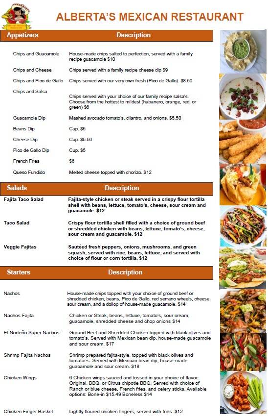 Albertas Mexican Restaurant Menu