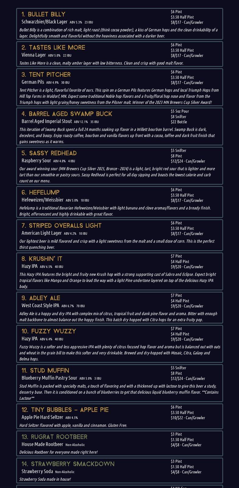 Thousand Lakes Brewing Company Menu