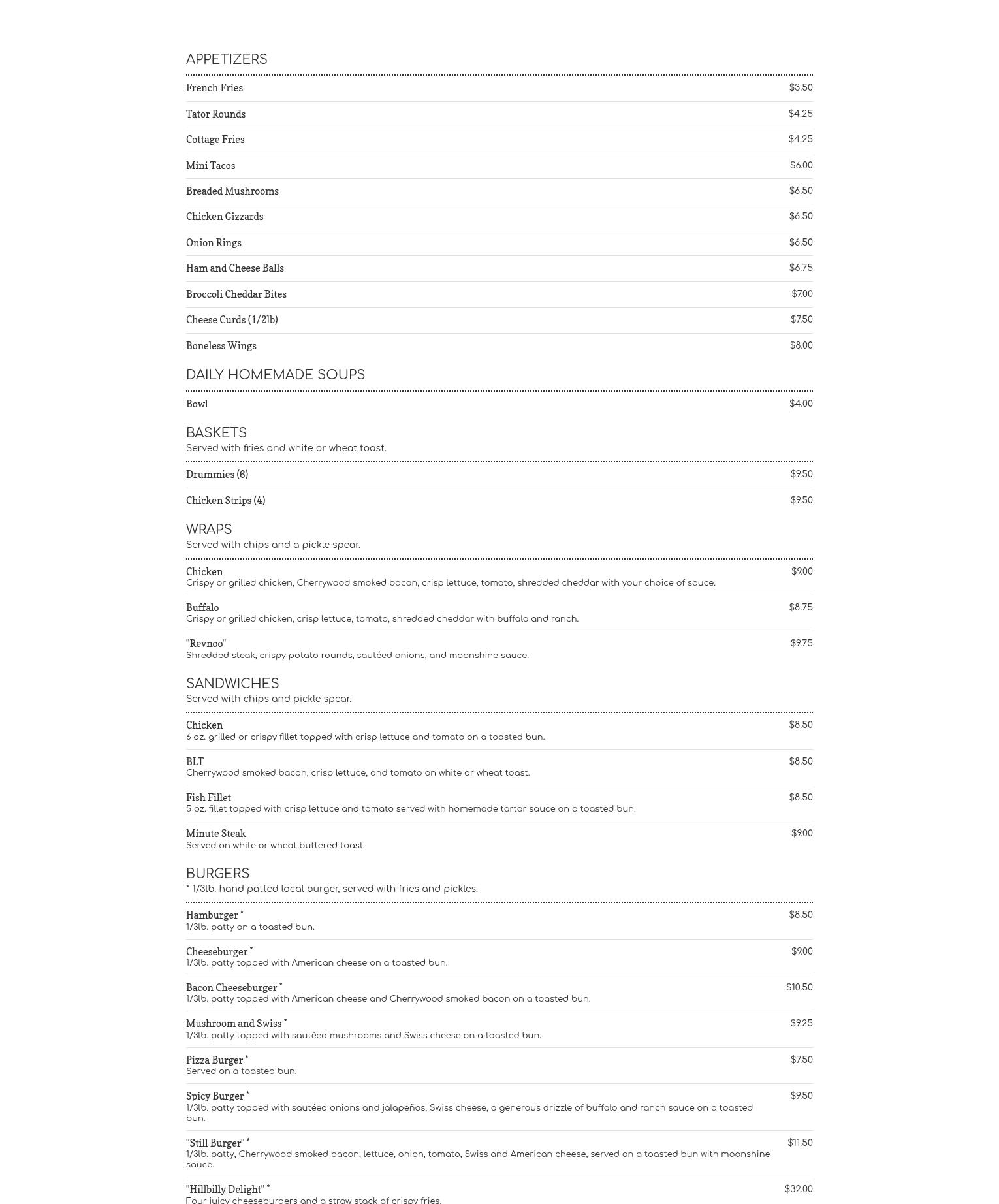 Bootleggers Bar Menu