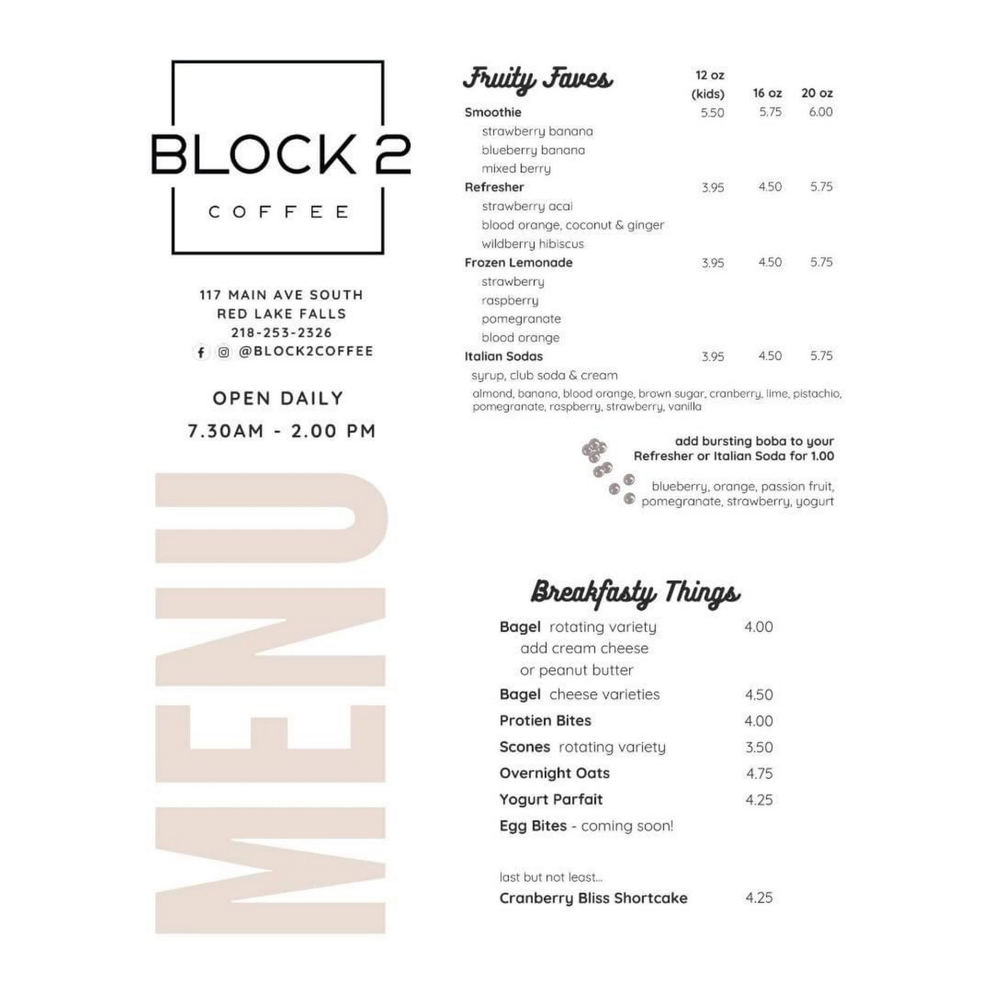 Block 2 Coffee Menu