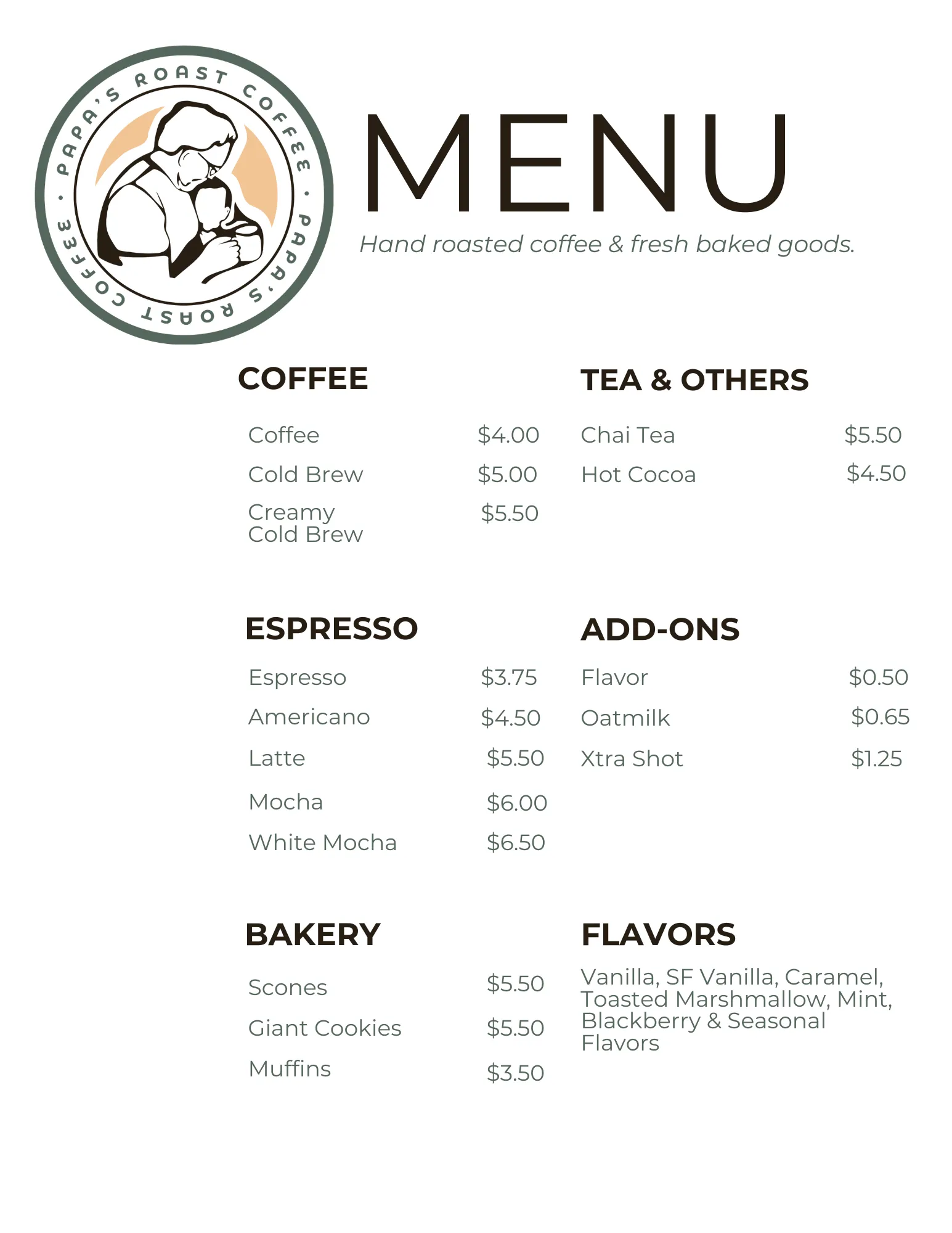 Papa's Roast Mobile Coffee Menu