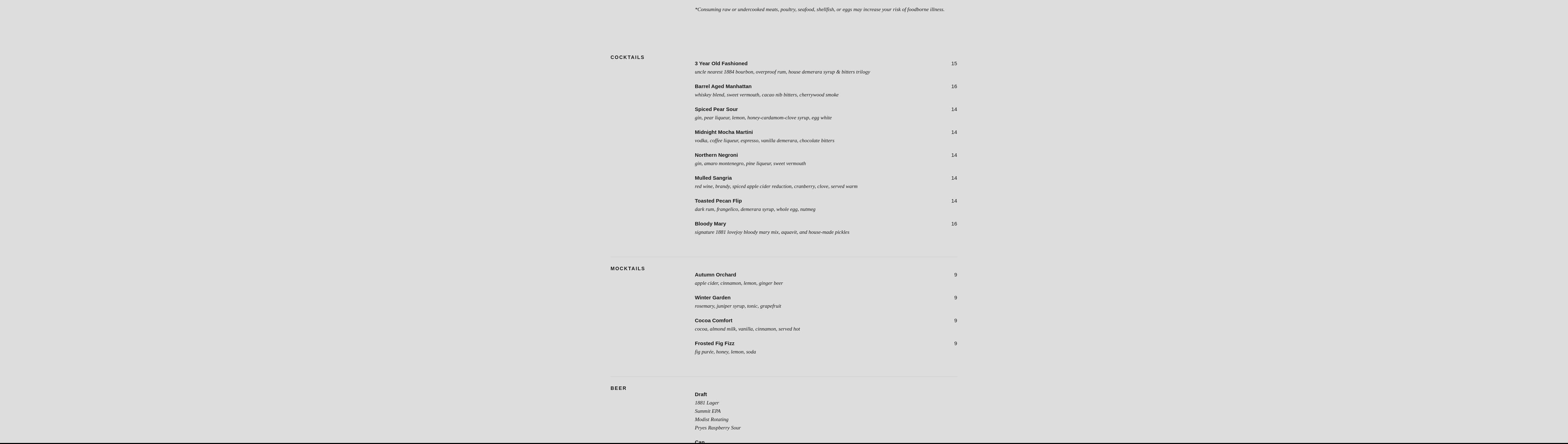 1881 Eating House Menu