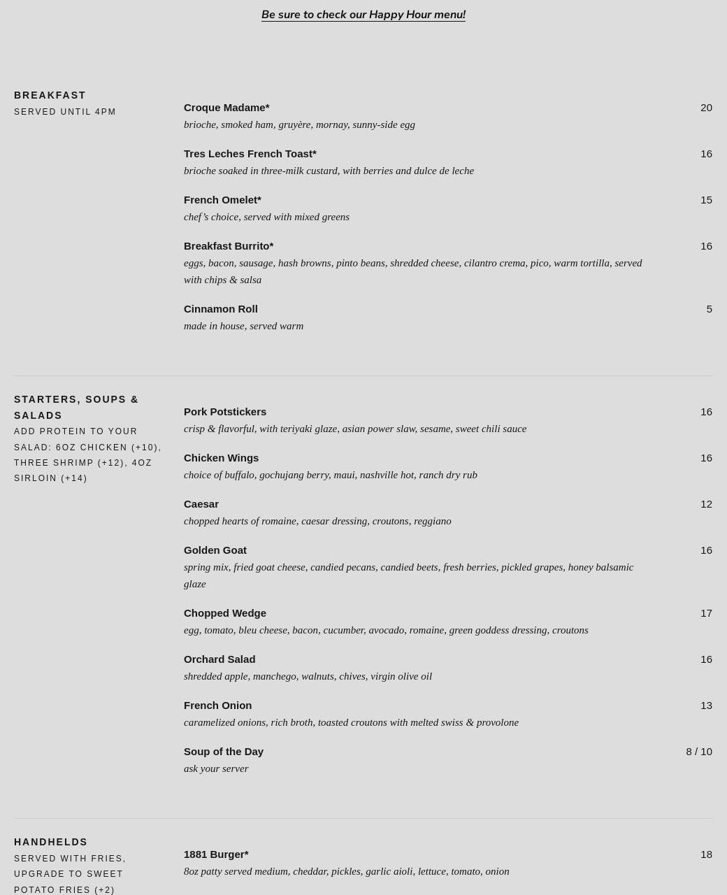 1881 Eating House Menu