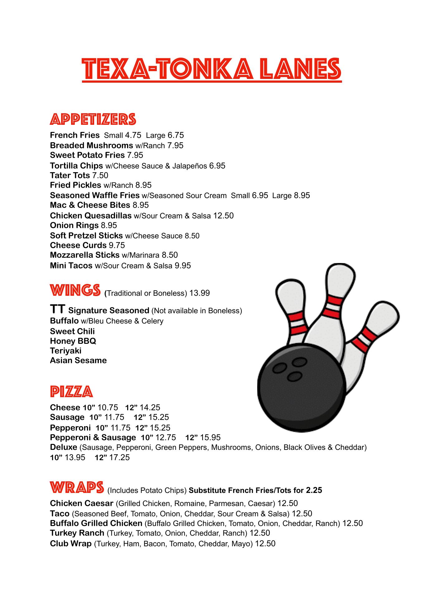 Texa-Tonka Lanes Menu