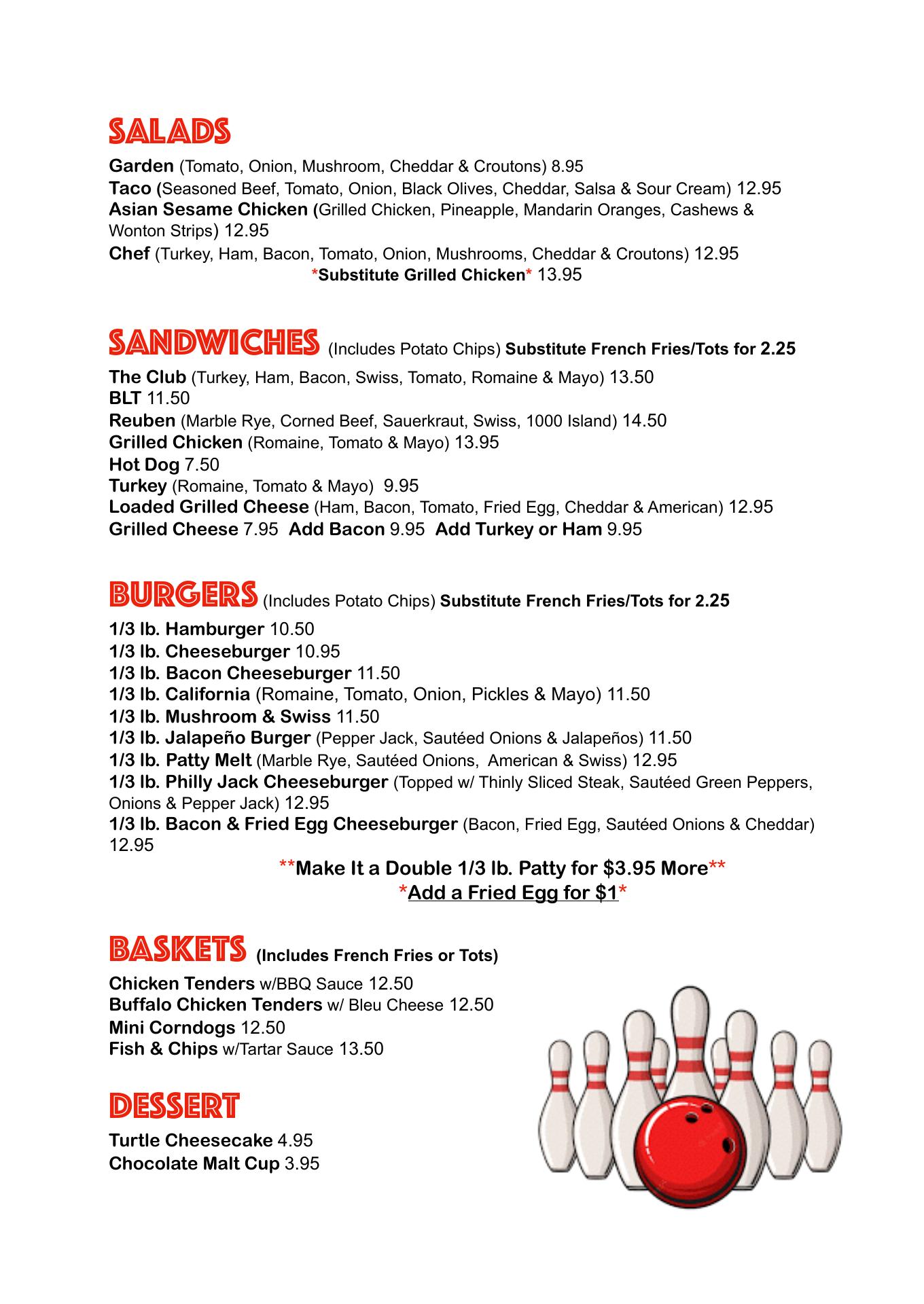Texa-Tonka Lanes Menu