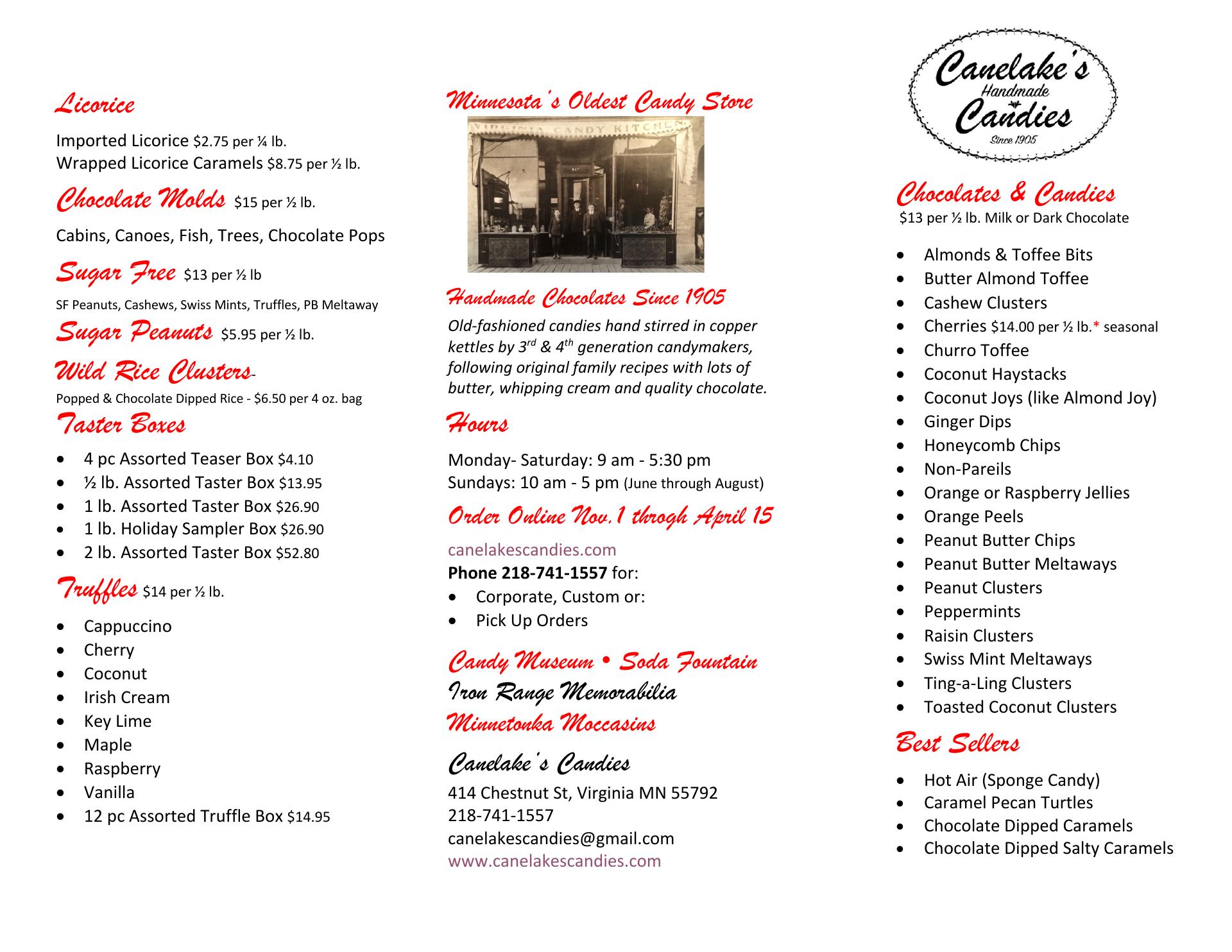 Canelake's Candies Menu