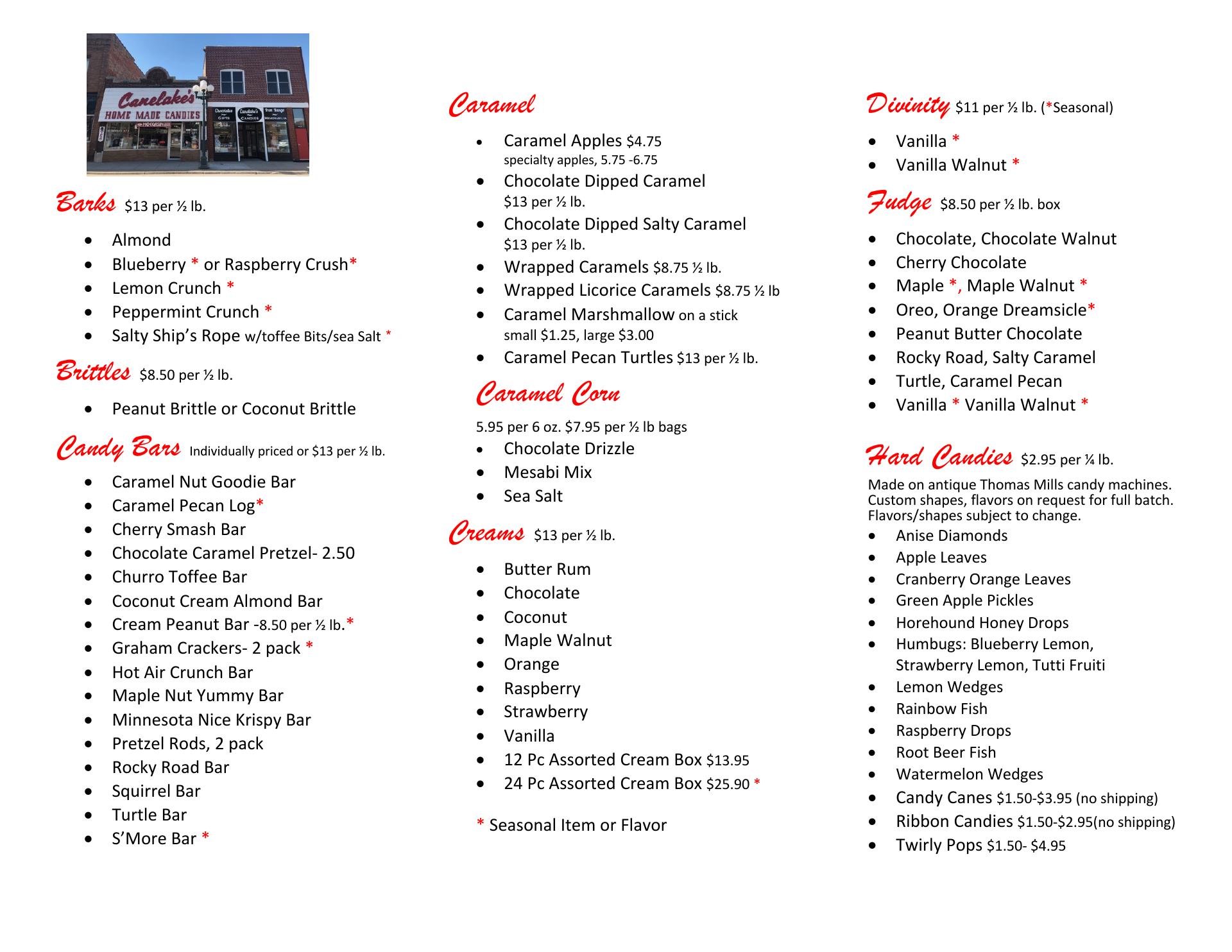 Canelake's Candies Menu