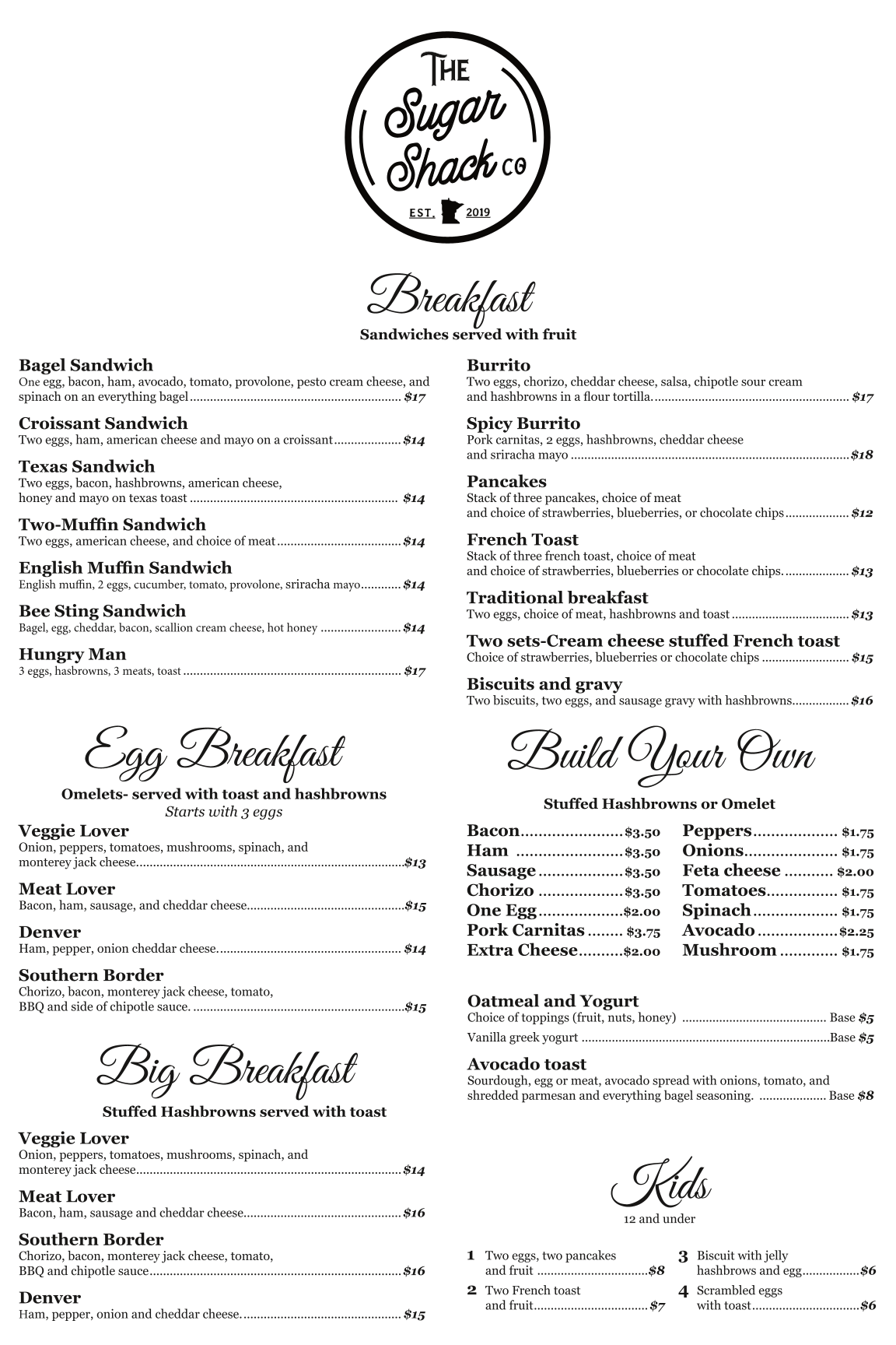 The Sugar Shack Menu