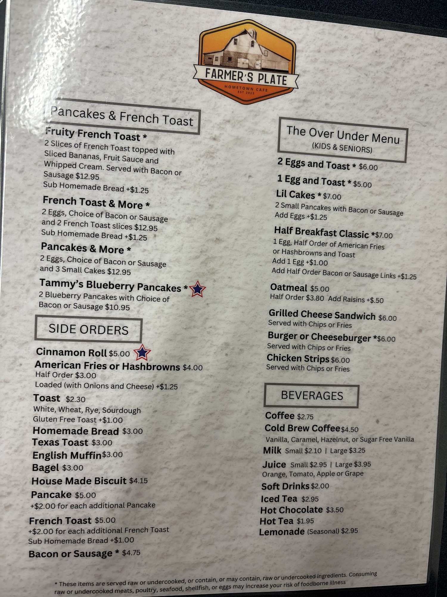 Farmer's Plate Hometown Cafe Menu