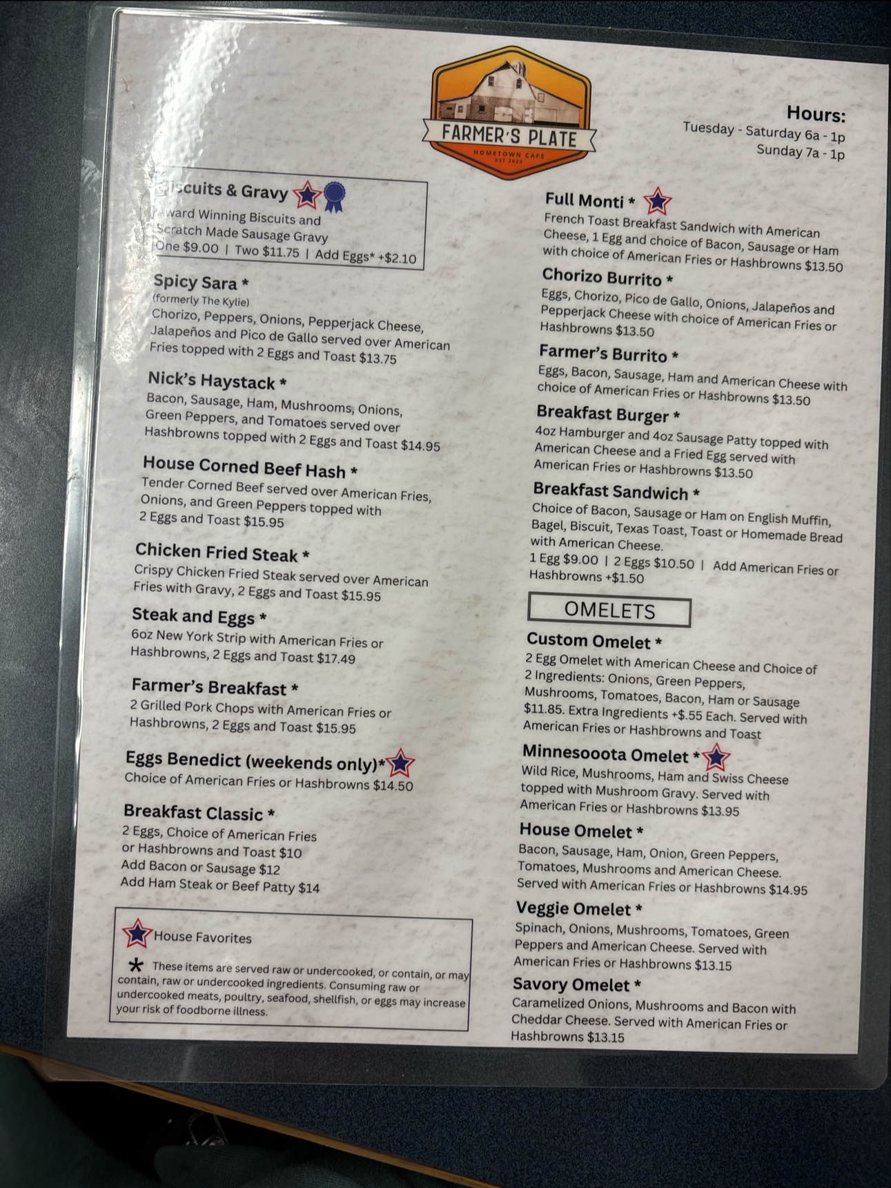 Farmer's Plate Hometown Cafe Menu