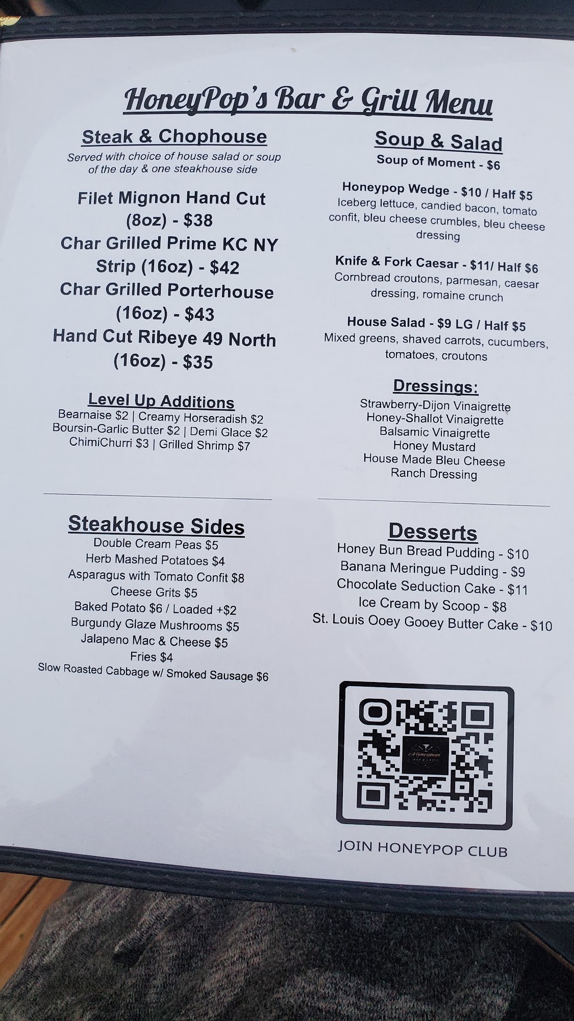 Honeypops Bar & Grill Menu