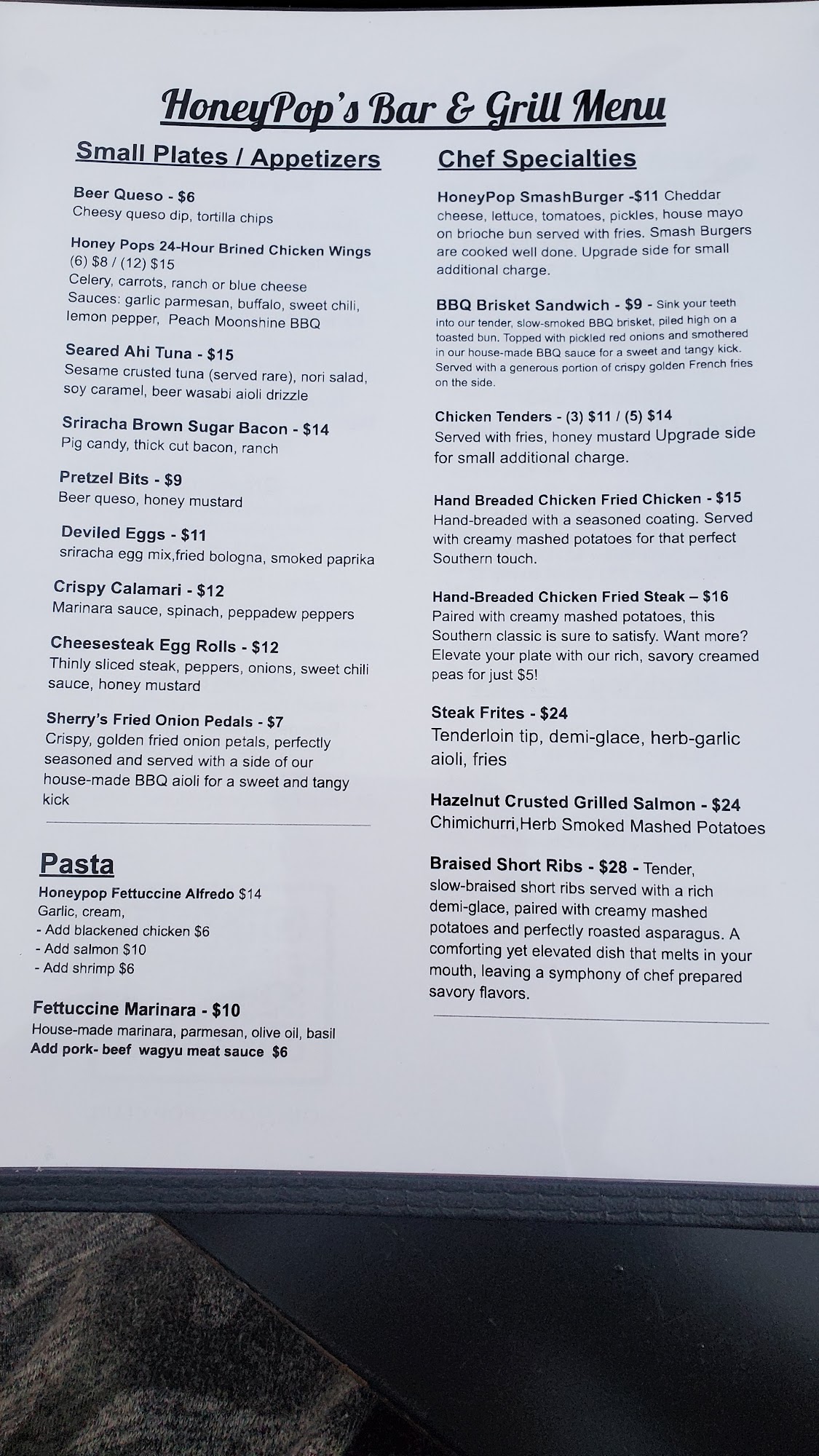 Honeypops Bar & Grill Menu