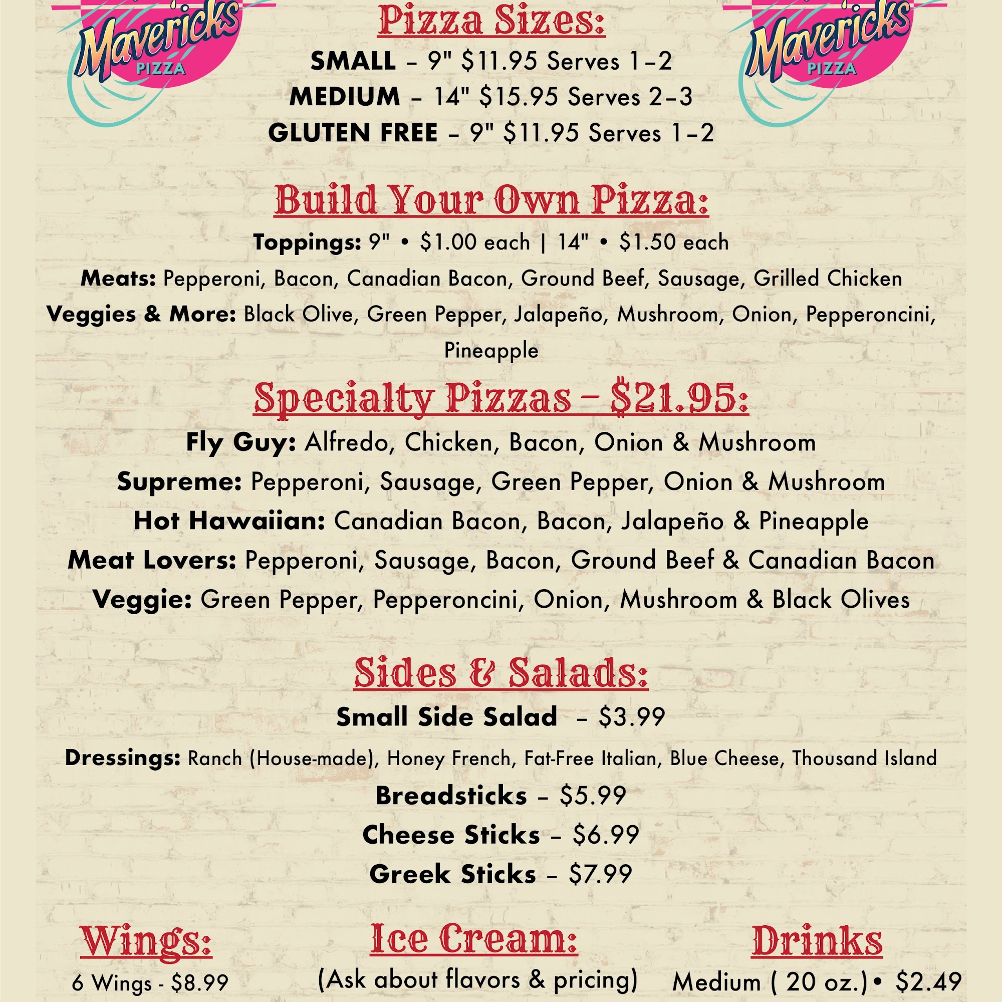 Mavericks Pizza Menu