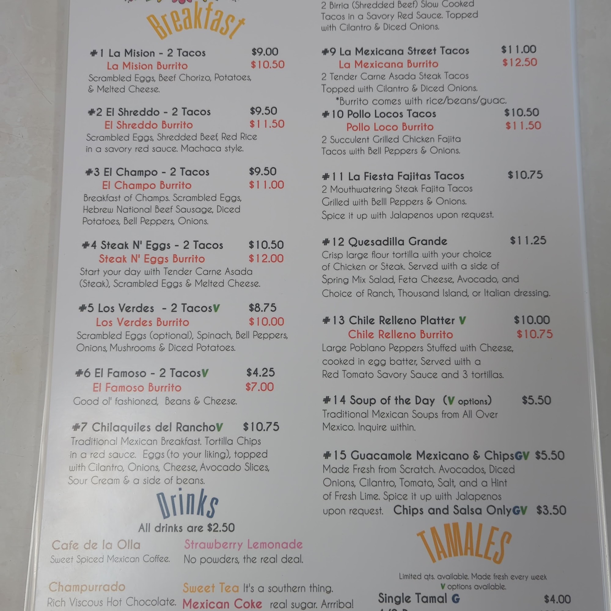 Casa Delicioso Menu