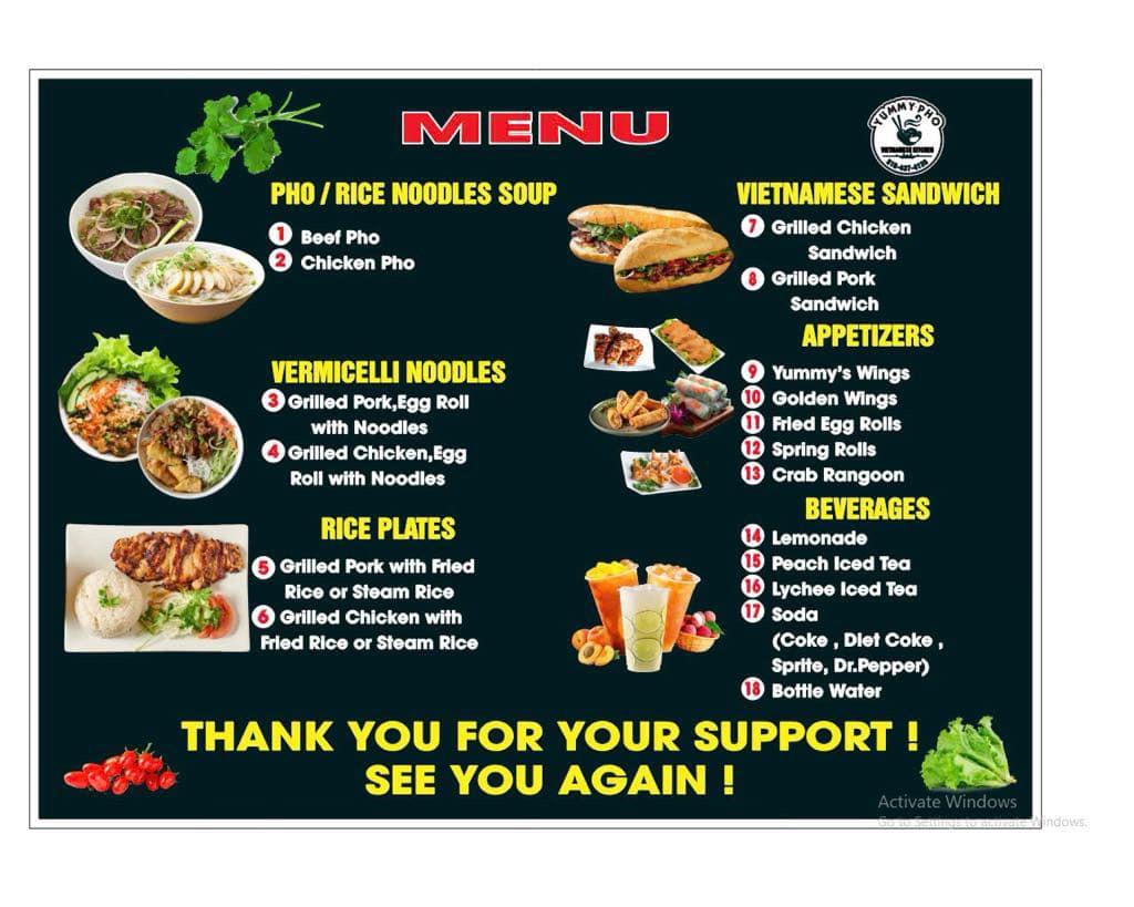 Yummy Pho Food Truck Menu