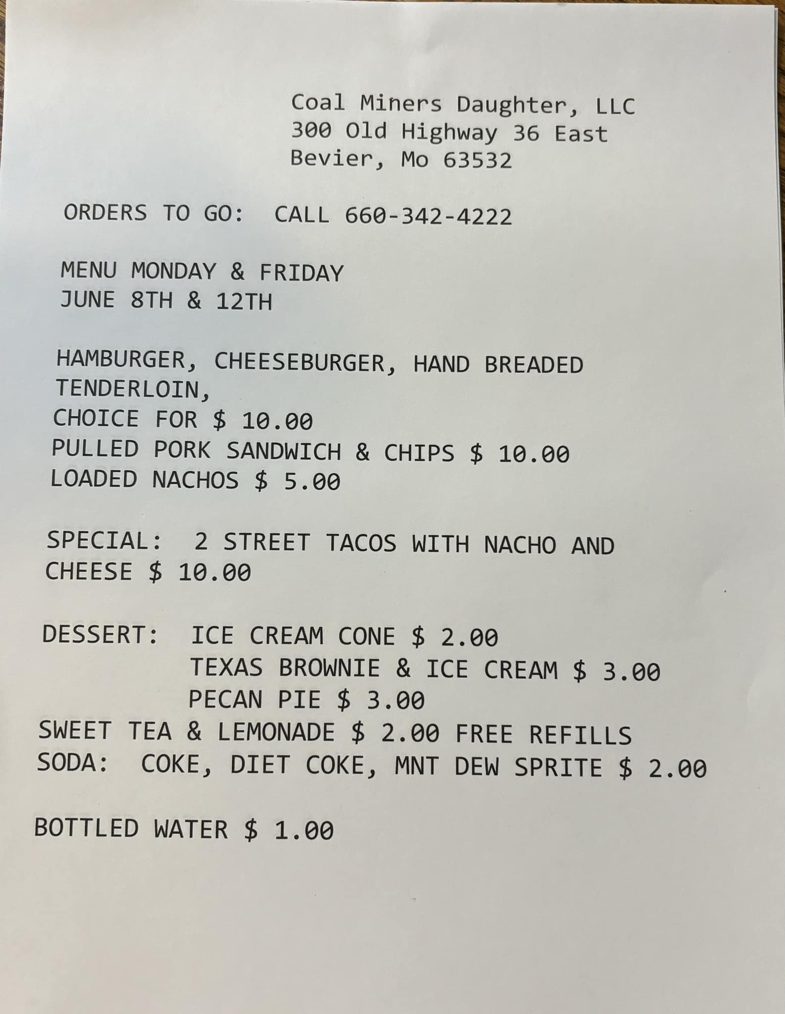 Coal Miner's Daughter Menu