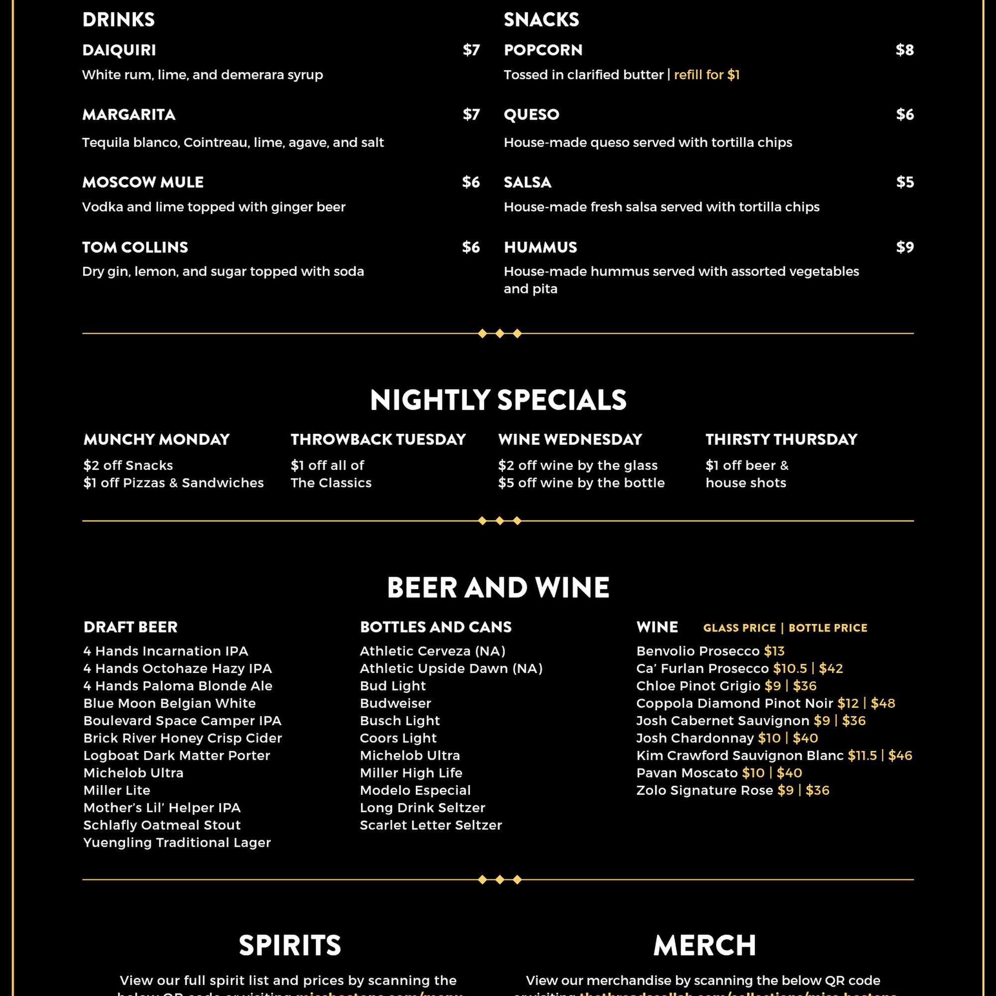 Miss Boston's Cocktail Lounge Menu