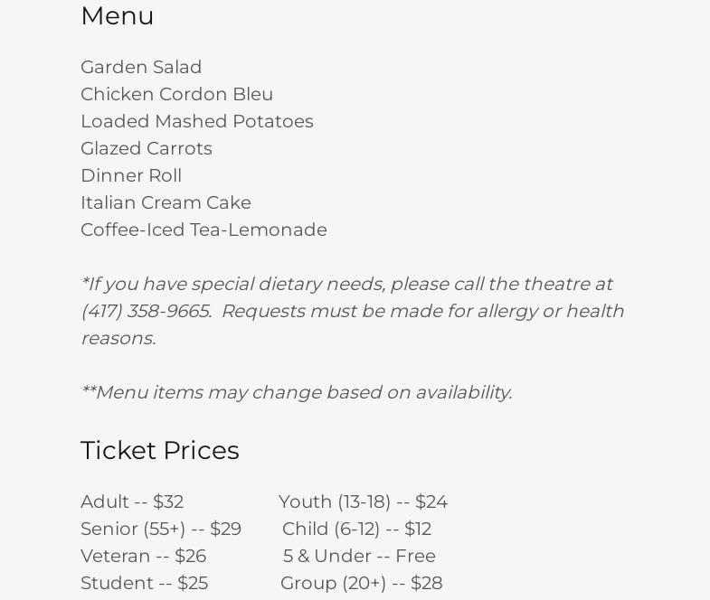 Stone's Throw Dinner Theatre Menu