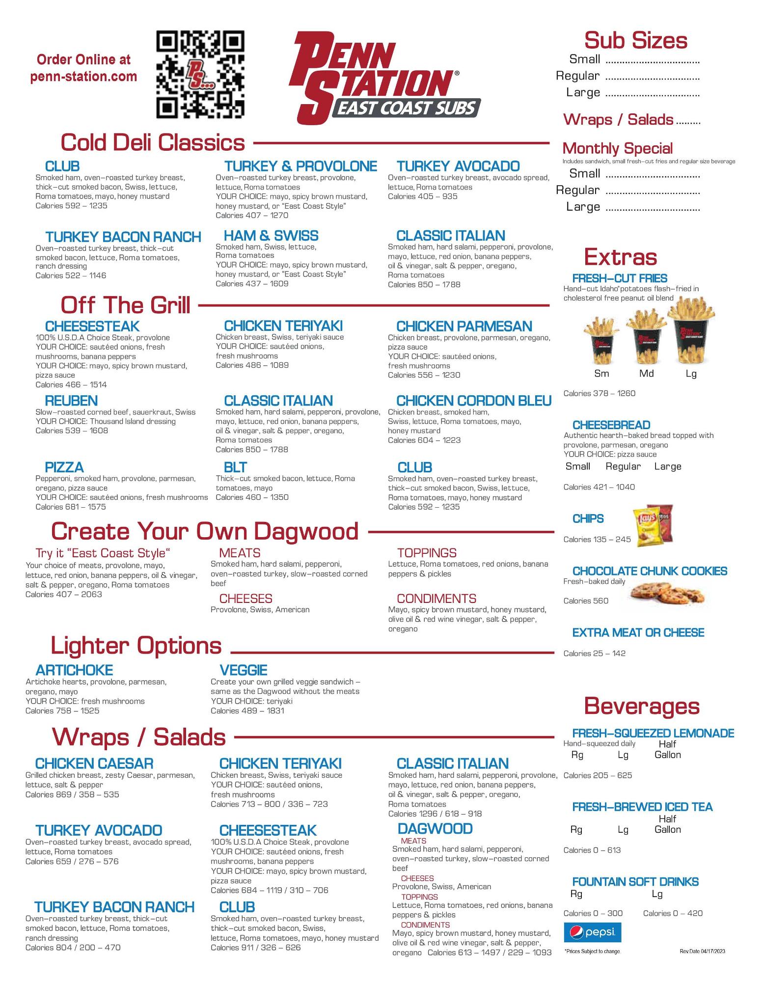 Penn Station East Coast Subs Menu