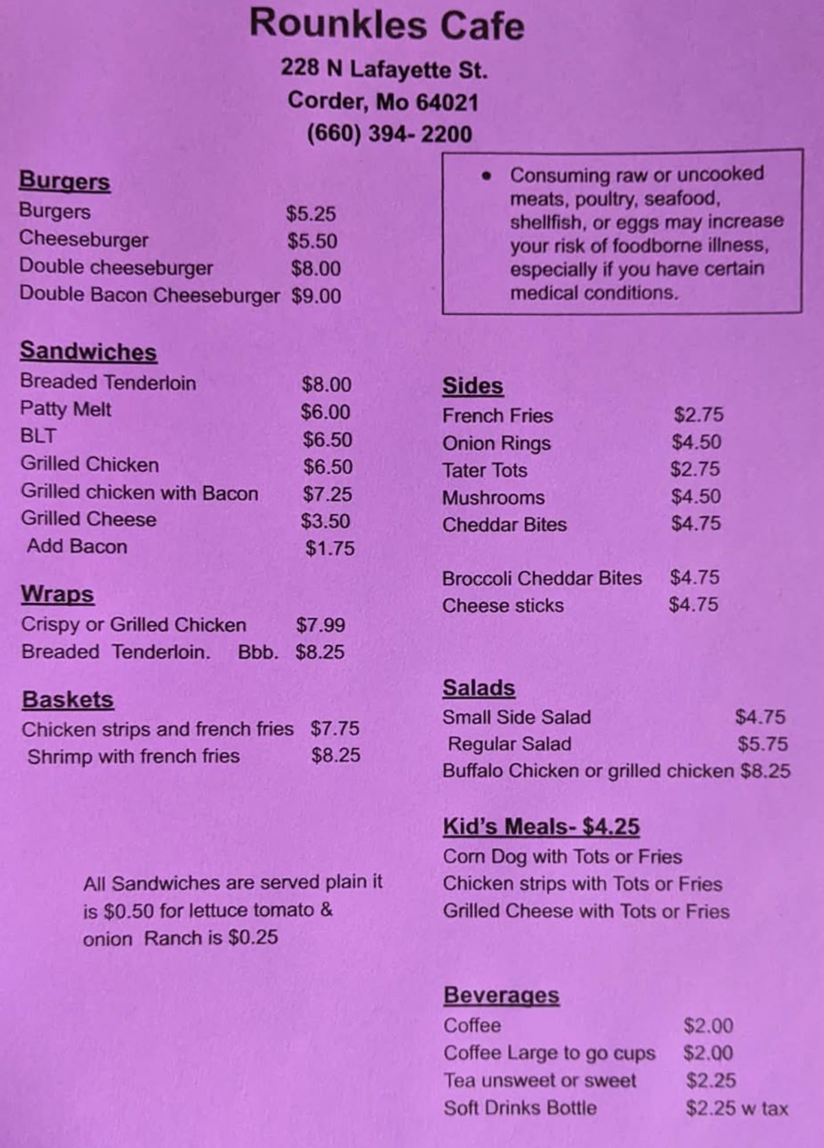 Rounkles Cafe Menu