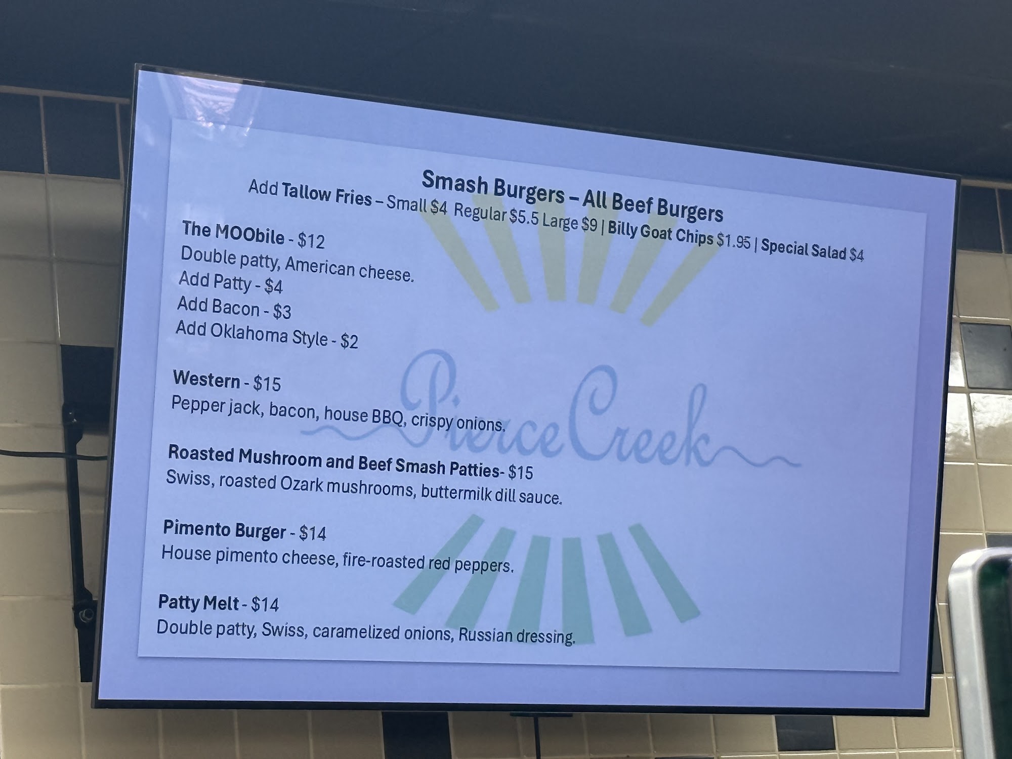 Pierce Creek Menu