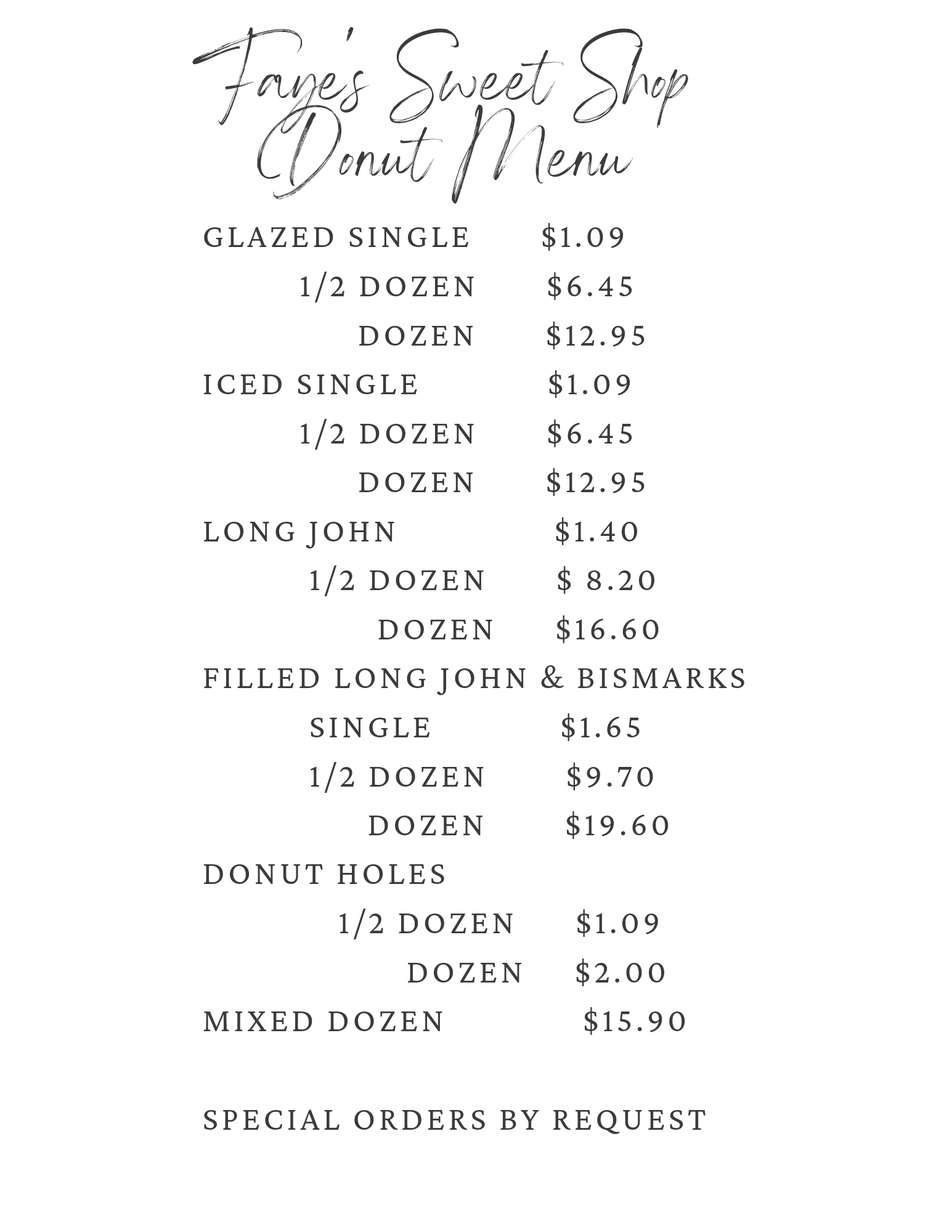 Faye's Sweet Shop Menu