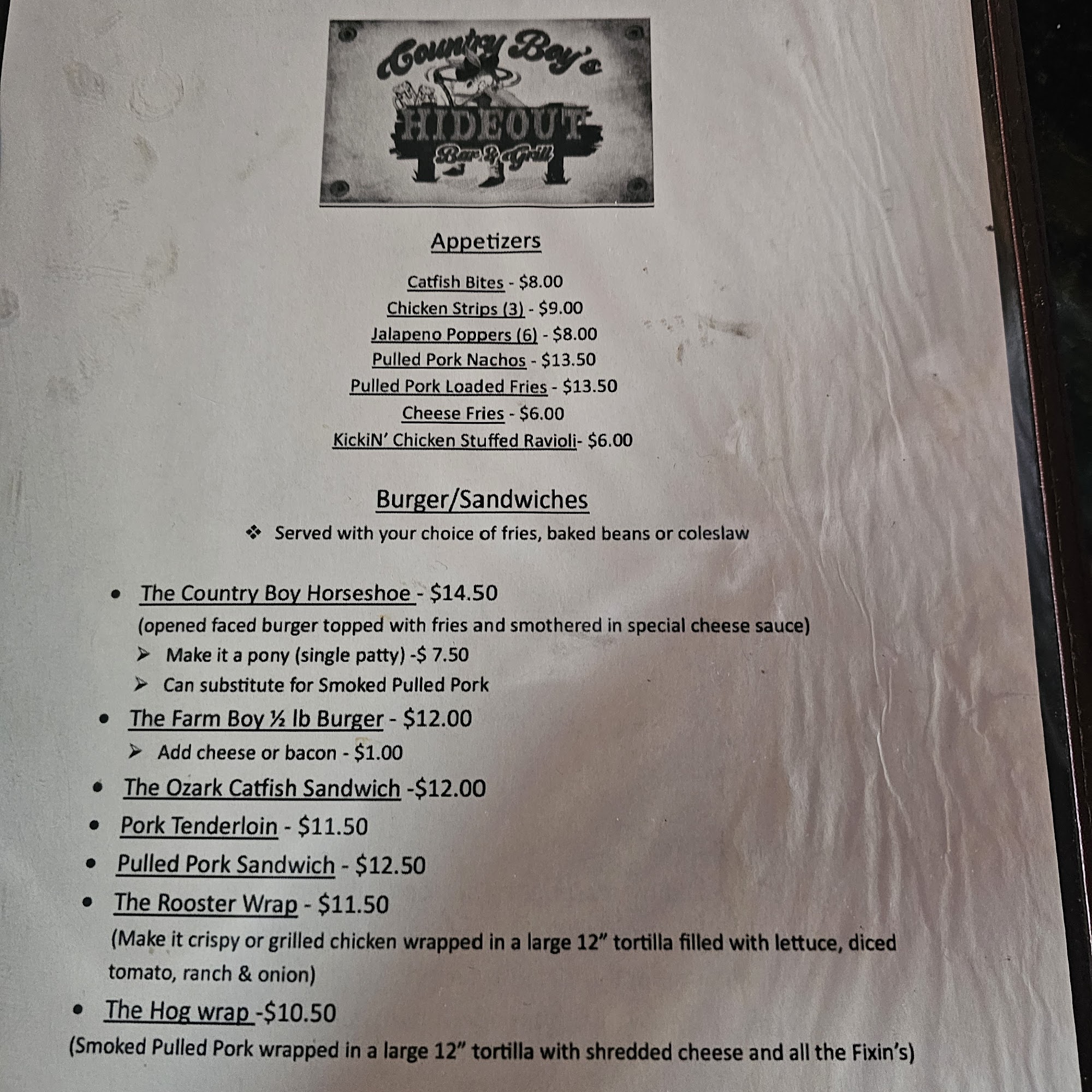 CountryBoy's Hideout LLC Menu