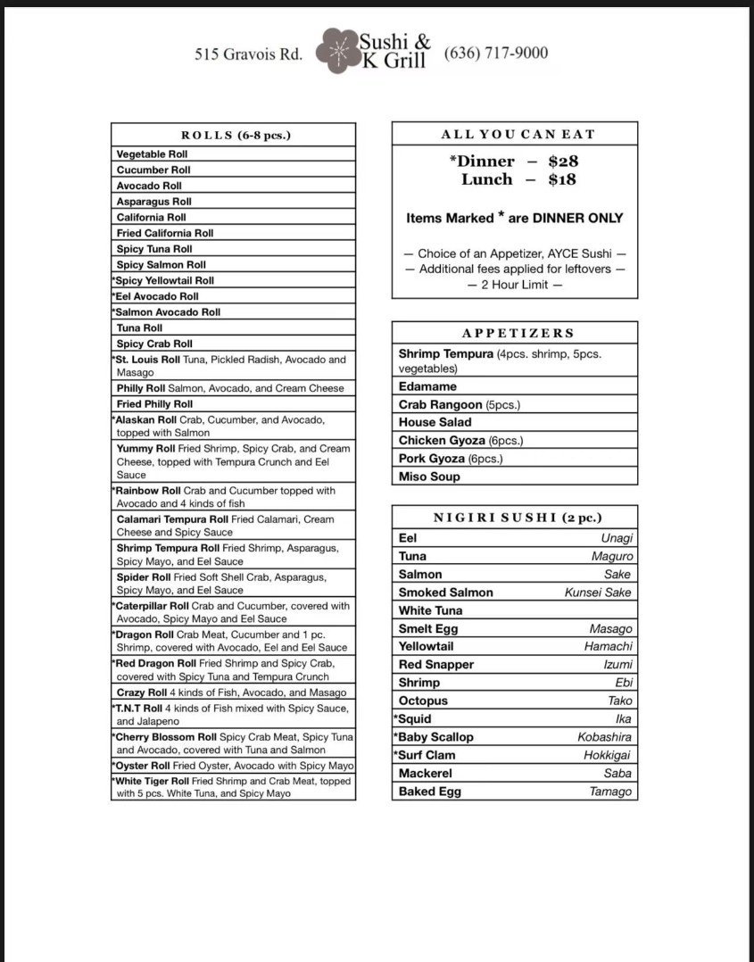 Sushi & K Grill Menu