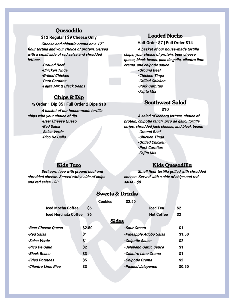 Transparent Brewing Company Menu