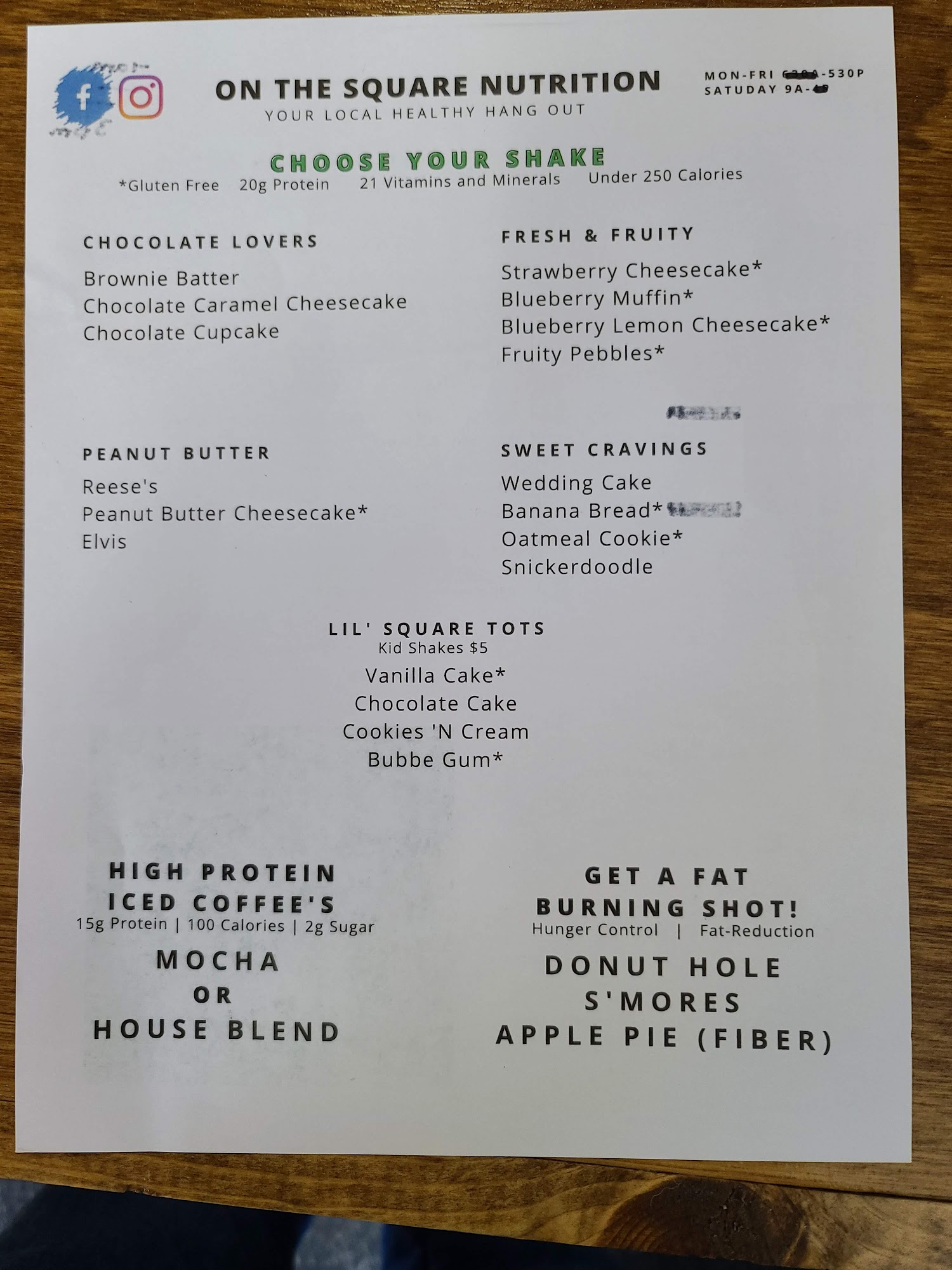 On the Square Nutrition Menu