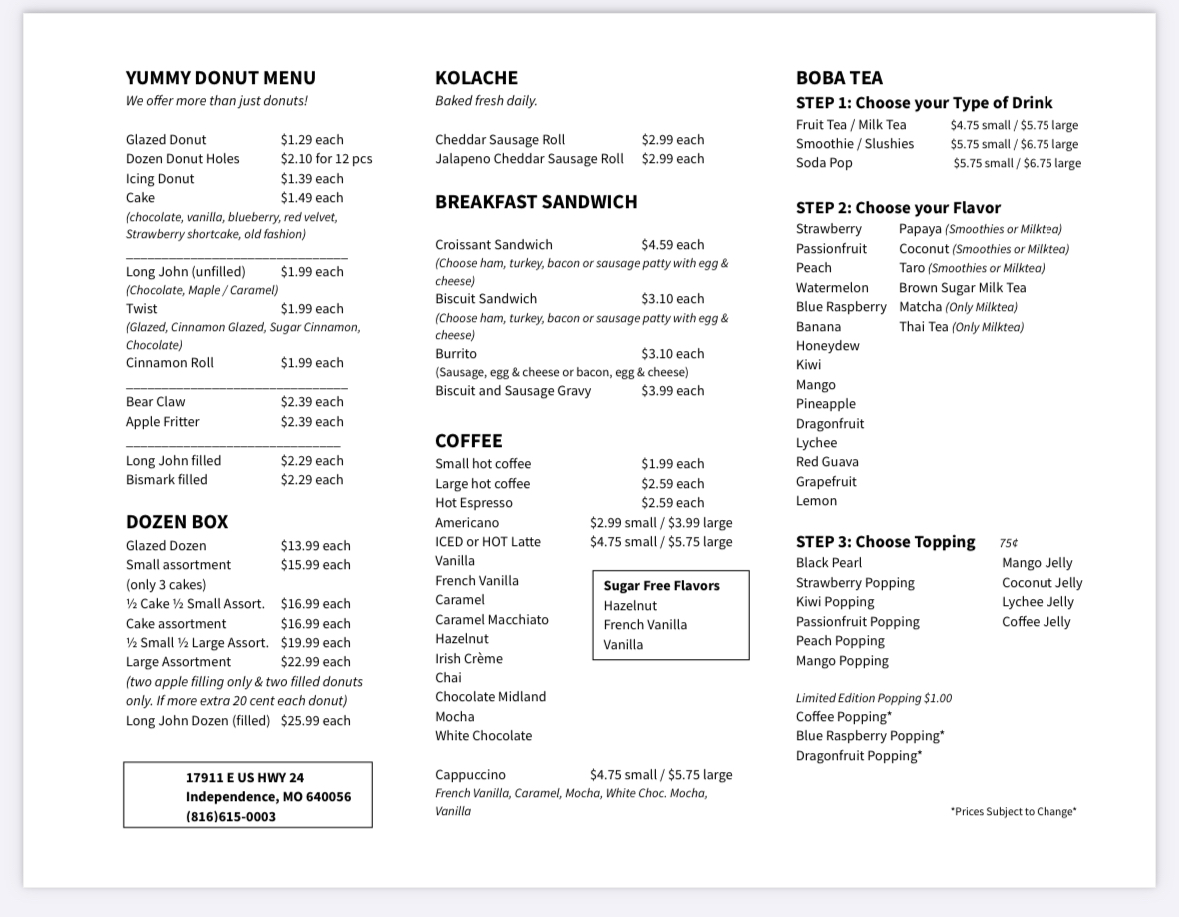 Yummy donut palace.boba tea.smoothies.coffee Menu