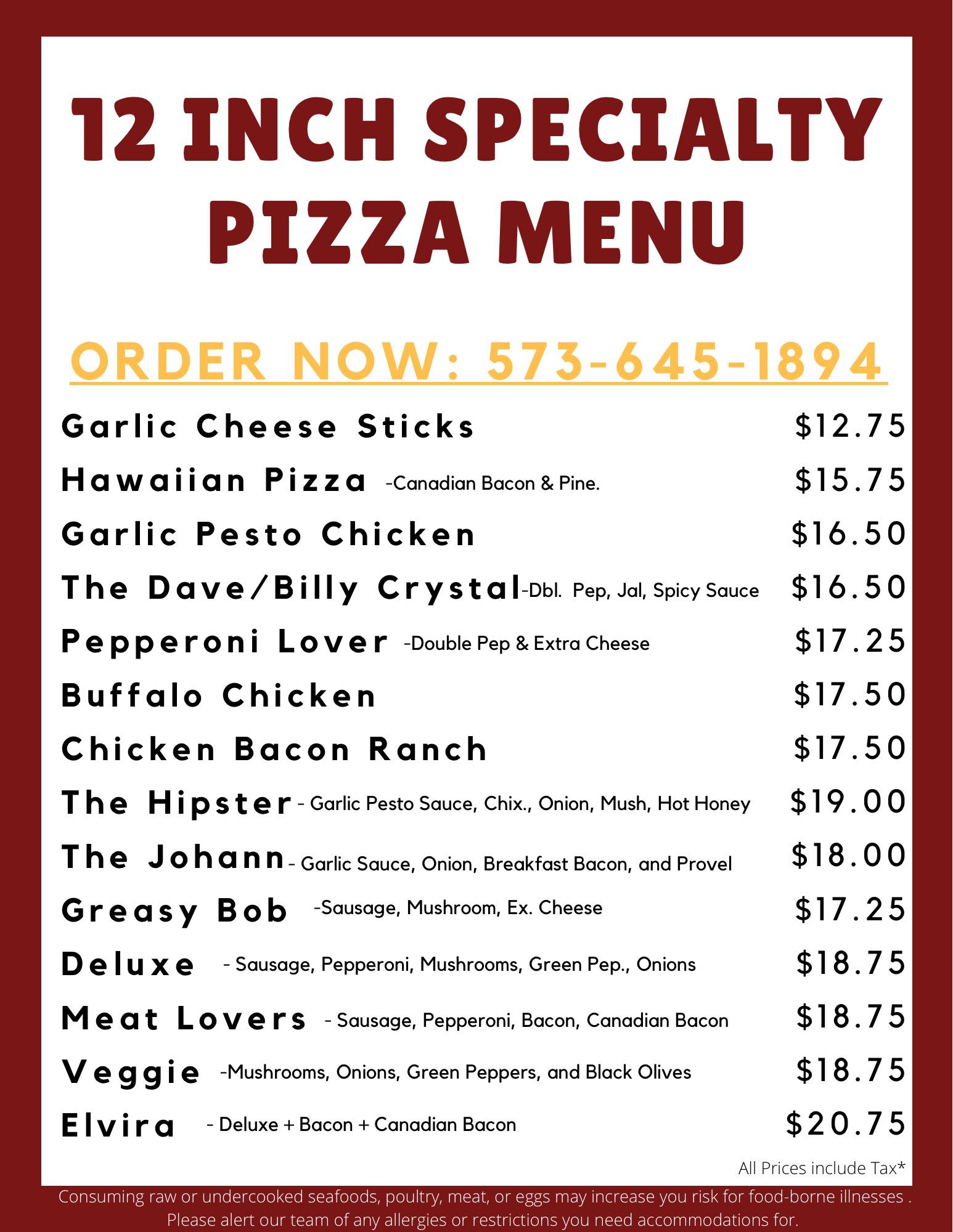 Pizza Cure Menu