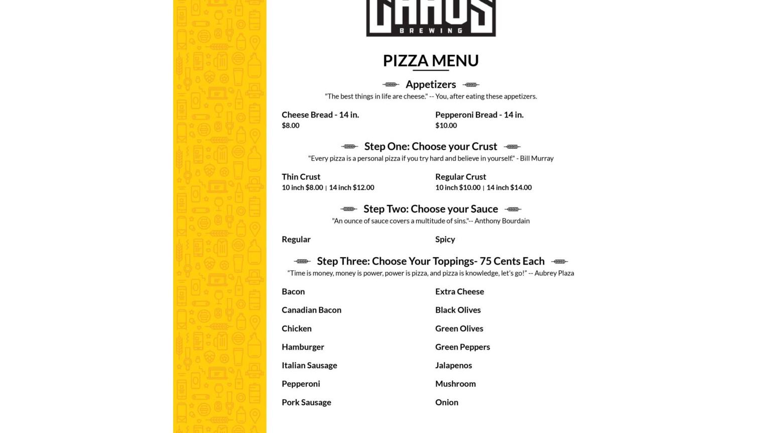 Chaos Brewing Menu