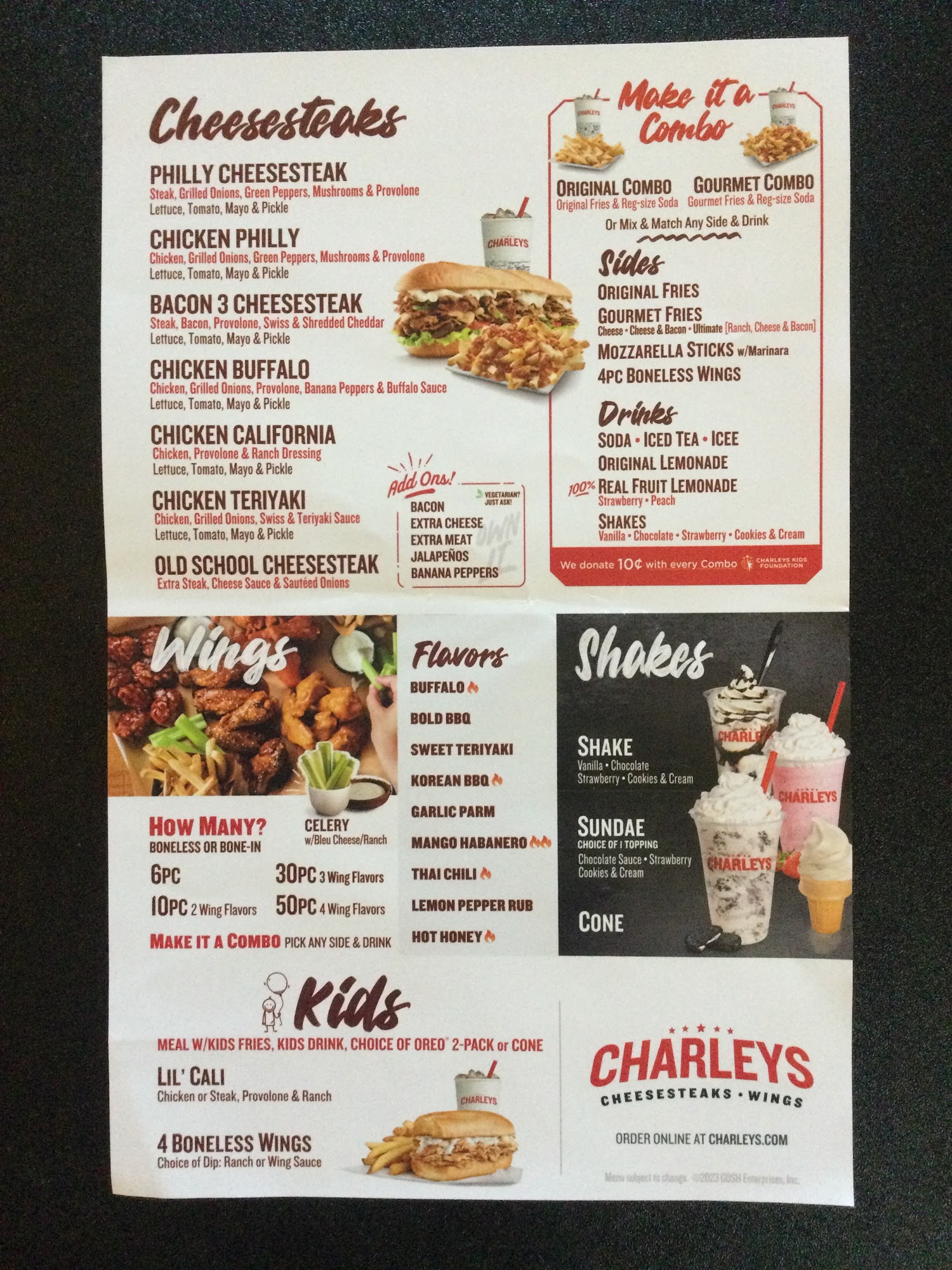 Charleys Cheesesteaks and Wings Menu