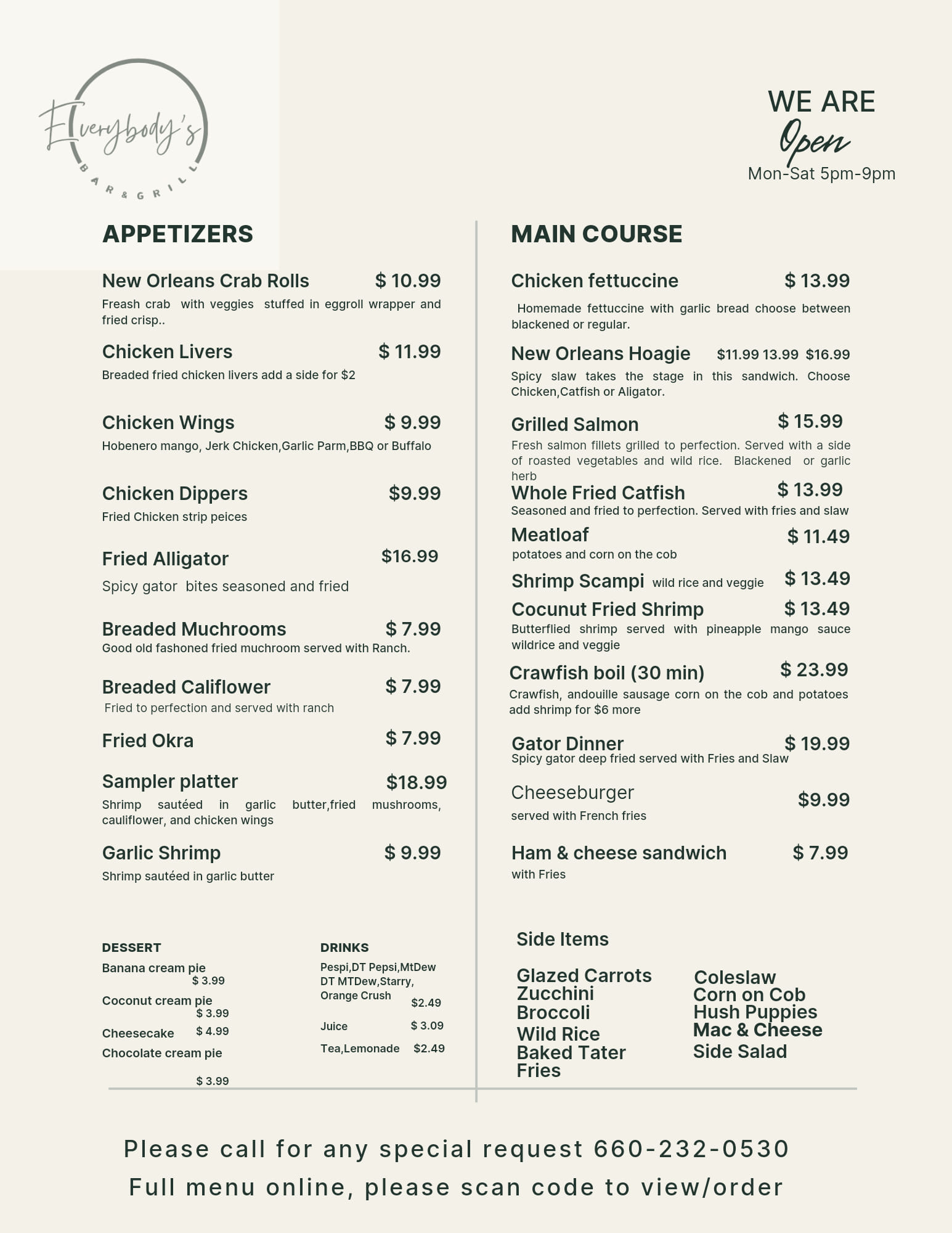 Everybody's Bar & Grill Menu