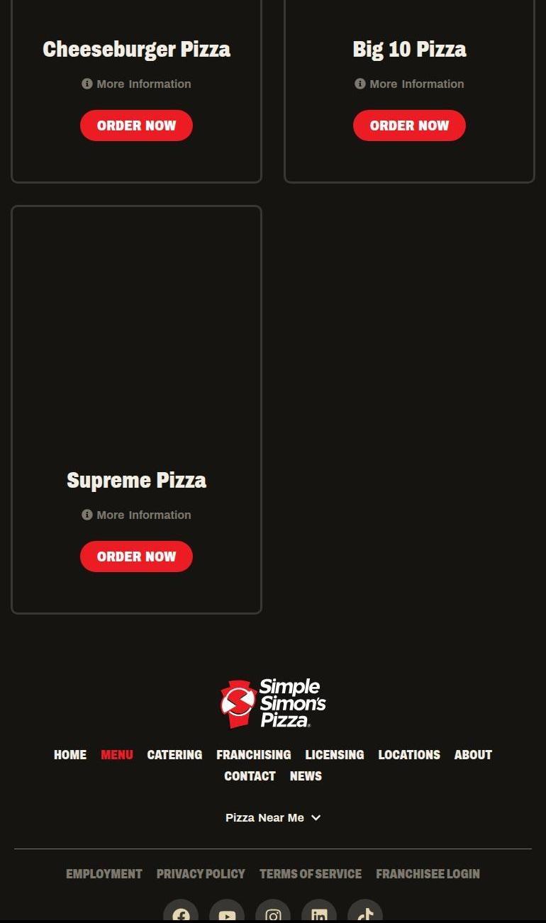 Simple Simon's Pizza Menu