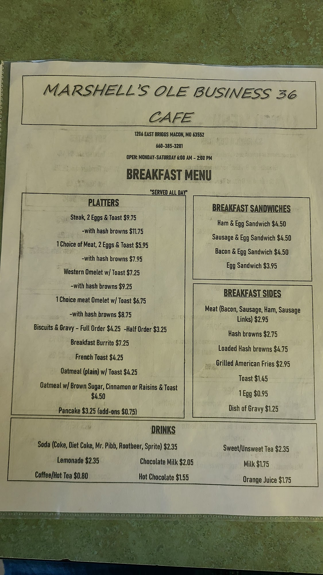 Marshell's OL' Business 36 Cafe Menu
