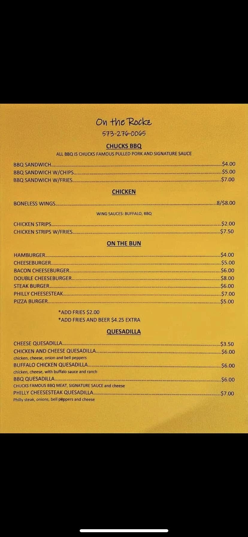 On The Rockz Menu