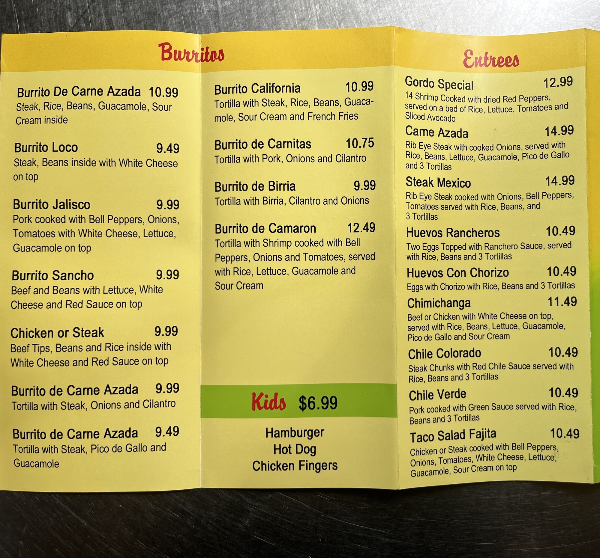 Tres Amigos Menu