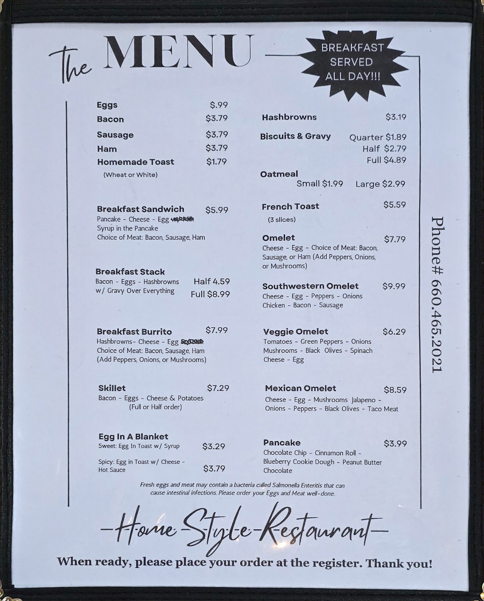 Home Style Restaurant Menu