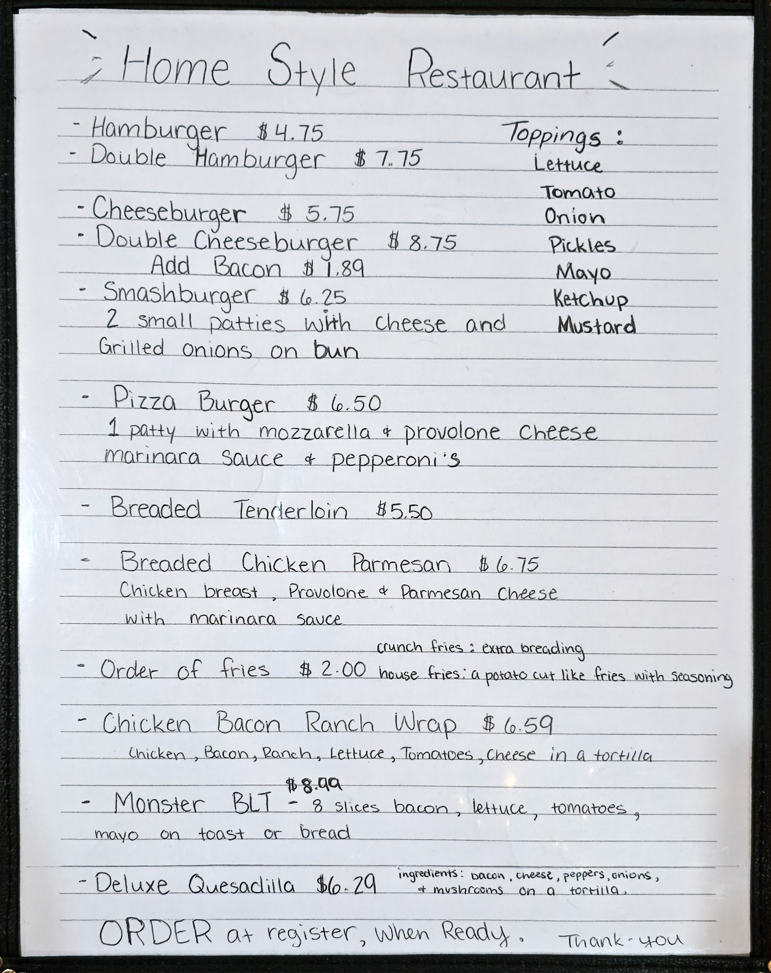 Home Style Restaurant Menu