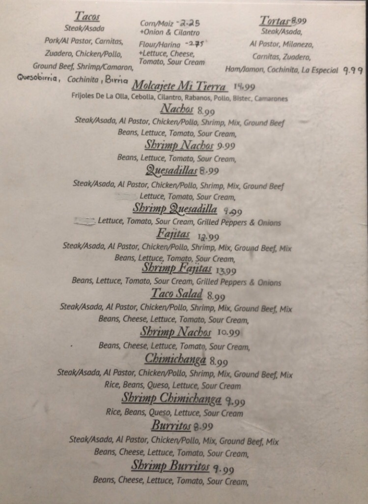Taqueria Mi Tierra Menu
