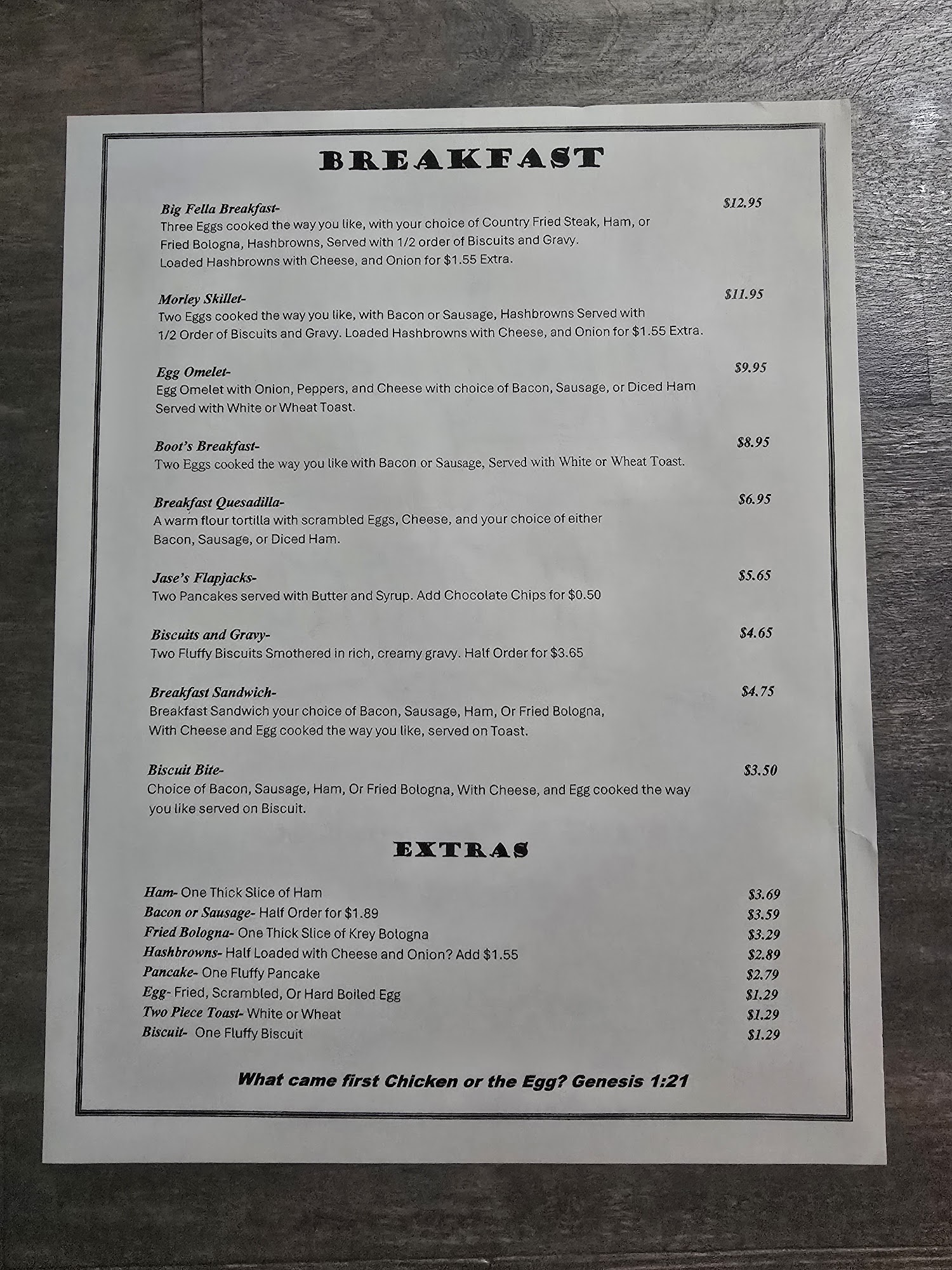 Morley Cafe Menu