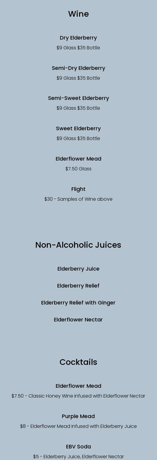 ElderBlossom View Orchard and Winery Menu