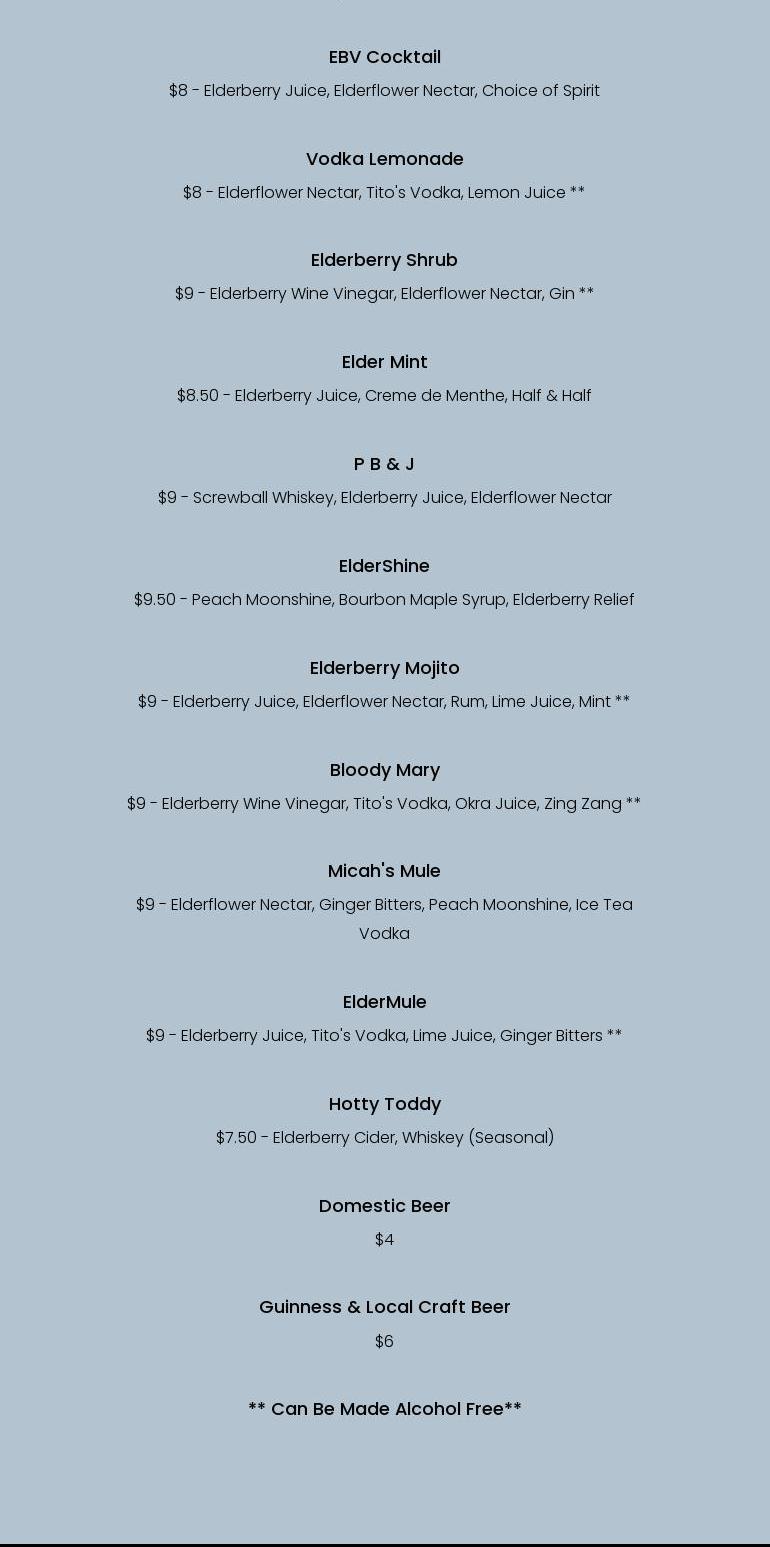 ElderBlossom View Orchard and Winery Menu