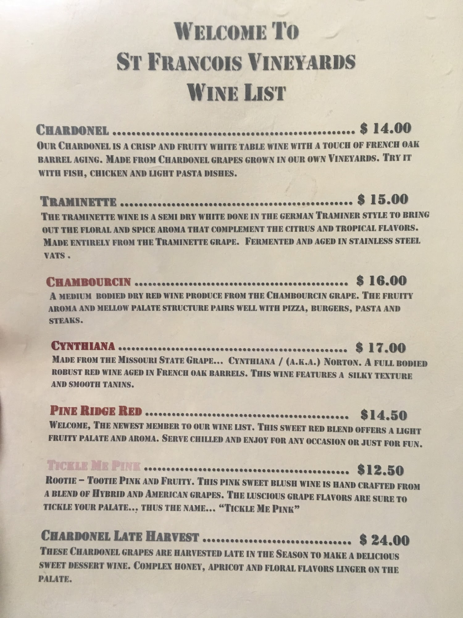 St. Francois Winery Menu