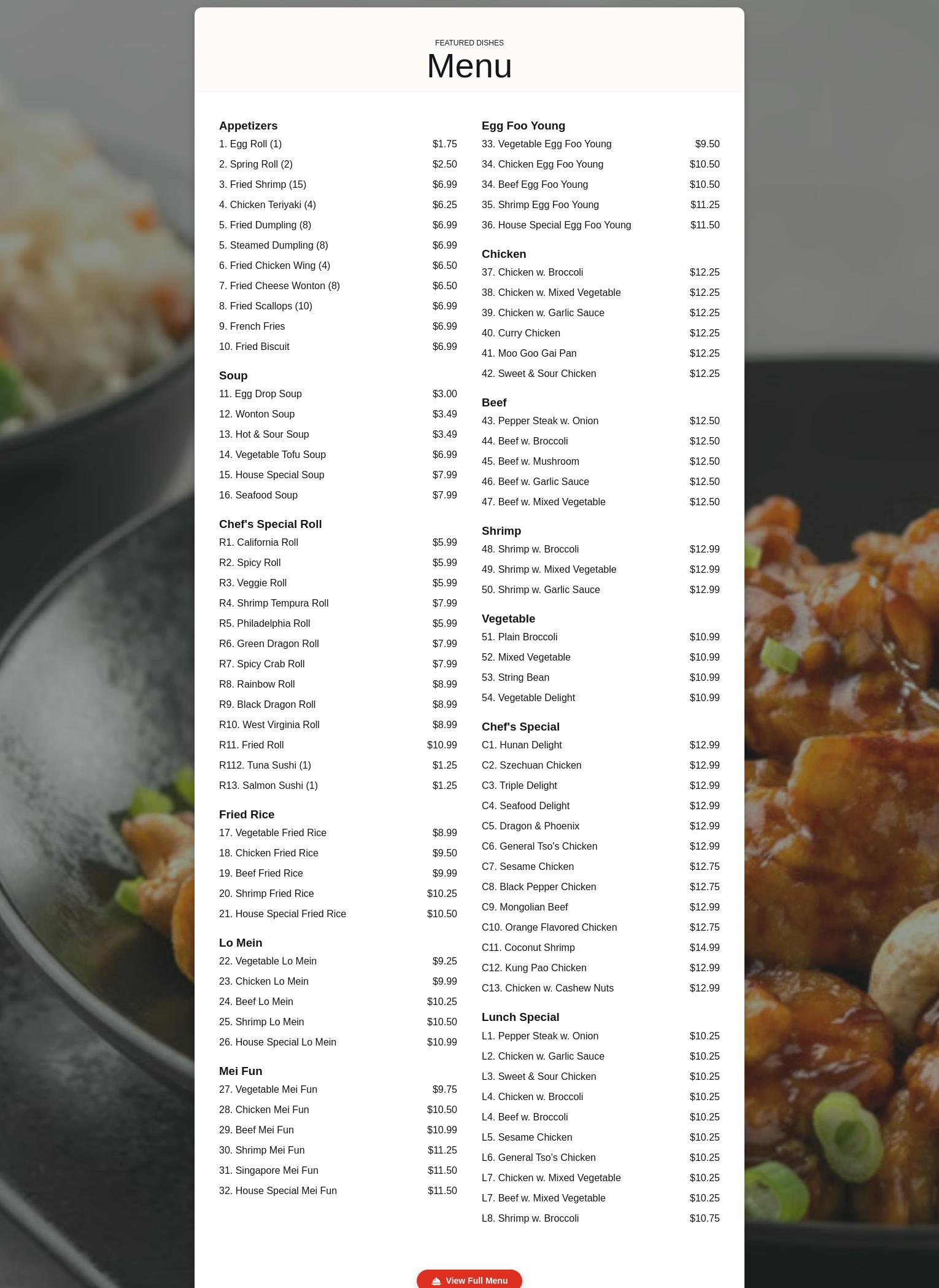 Chin Asian Buffet Menu