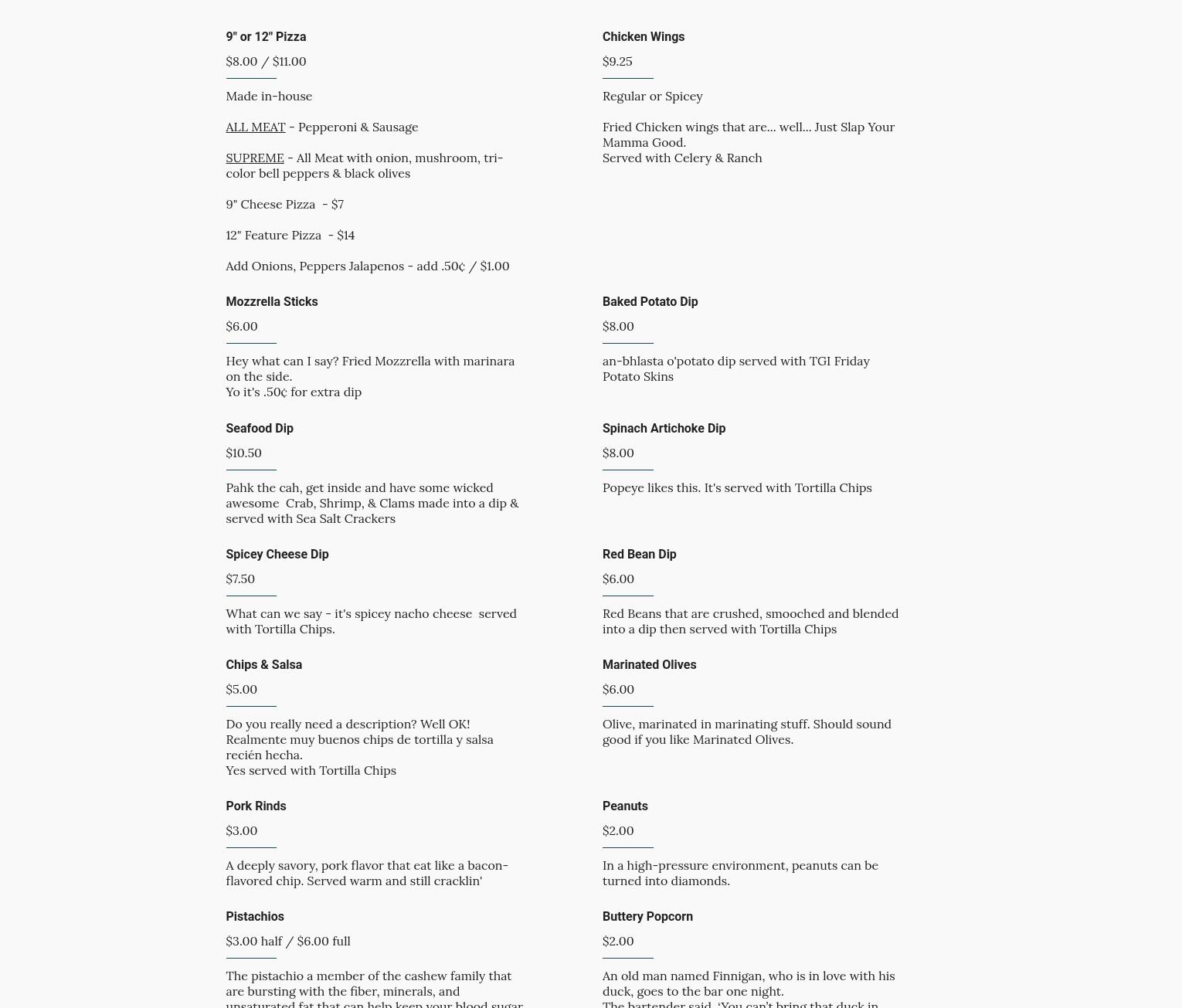 Irish Pub House Menu